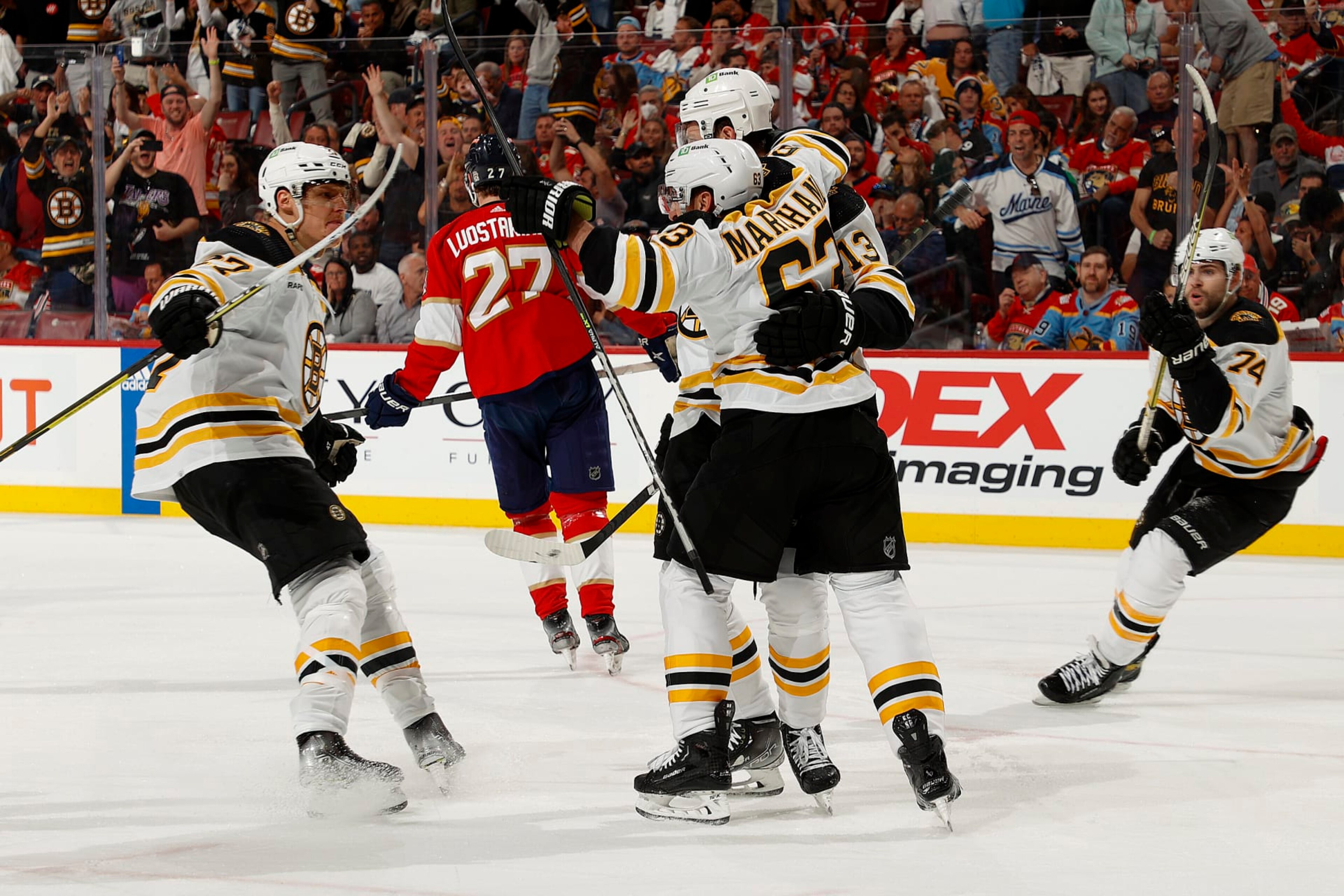 SUNRISE, FLORIDA - APRIL 21: Charlie Coyle #13 of the Boston Bruins celebrates his goal with teammates during the second period against the Florida Panthers in Game Three of the First Round of the 2023 Stanley Cup Playoffs at the FLA Live Arena on April 21, 2023 in Sunrise, Florida. (Photo by Eliot J. Schechter/NHLI via Getty Images)