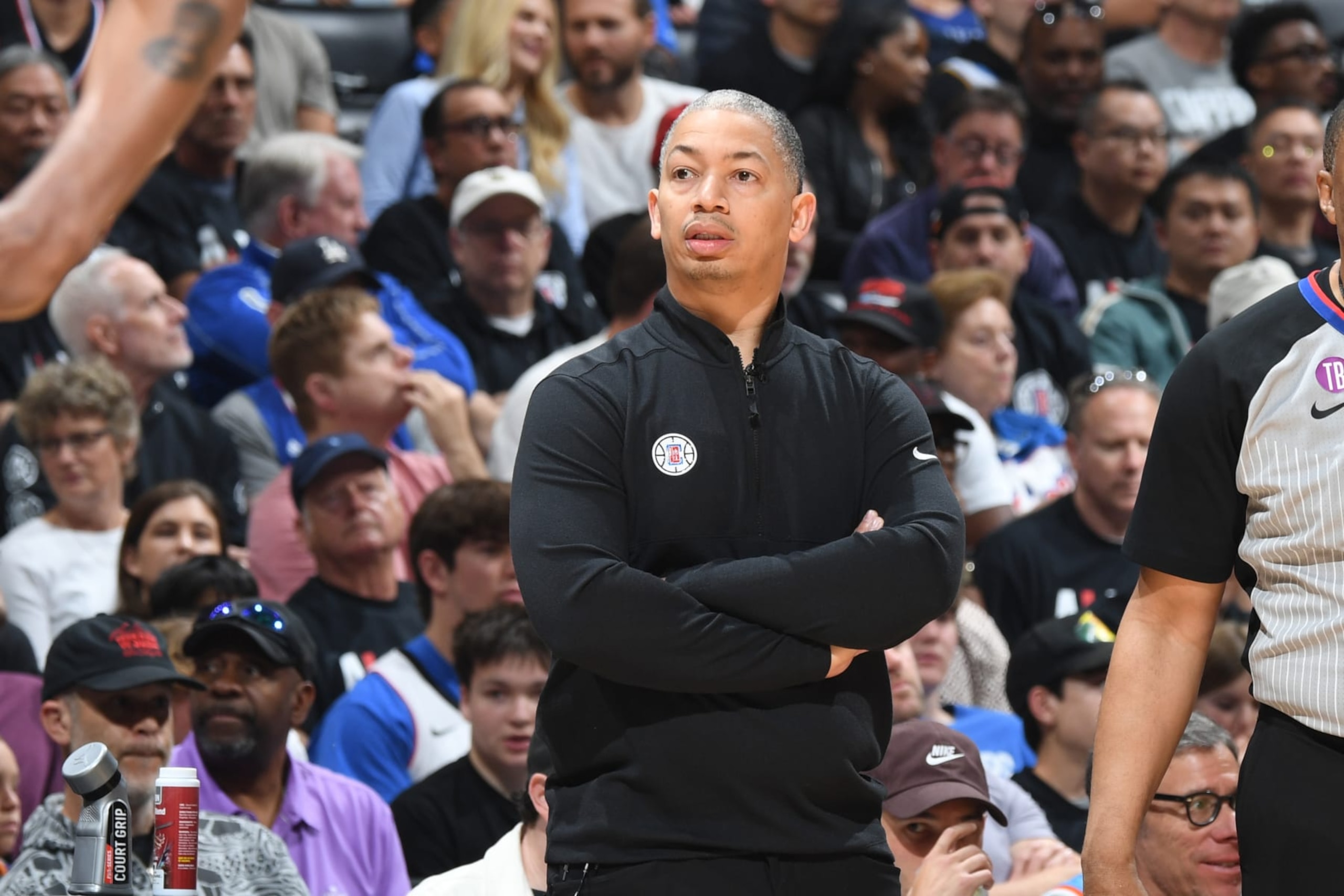 LOS ANGELES, CA - APRIL 22: Head Coach Tyronn Lue of the LA Clippers looks on during Round One Game Four of the 2023 NBA Playoffs against the Phoenix Suns on April 22, 2023 at Crypto.Com Arena in Los Angeles, California. NOTE TO USER: User expressly acknowledges and agrees that, by downloading and/or using this Photograph, user is consenting to the terms and conditions of the Getty Images License Agreement. Mandatory Copyright Notice: Copyright 2023 NBAE (Photo by Andrew D. Bernstein/NBAE via Getty Images)