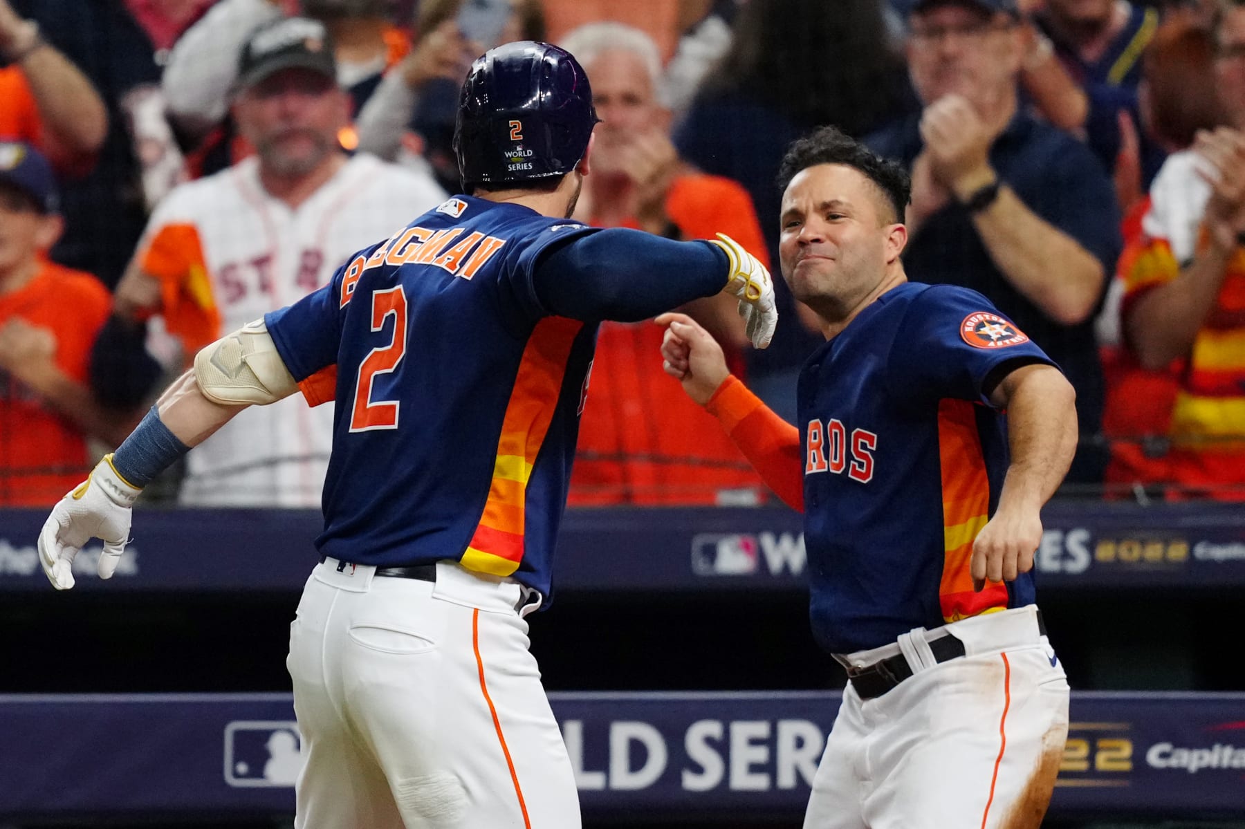 HOUSTON, TX - OCTOBER 29:  Alex Bregman #2 of the Houston Astros is greeted by teammate Jose Altuve #27 after hitting a two-run home run in the fifth inning during Game 2 of the 2022 World Series between the Philadelphia Phillies and the Houston Astros at Minute Maid Park on Saturday, October 29, 2022 in Houston, Texas. (Photo by Daniel Shirey/MLB Photos via Getty Images)