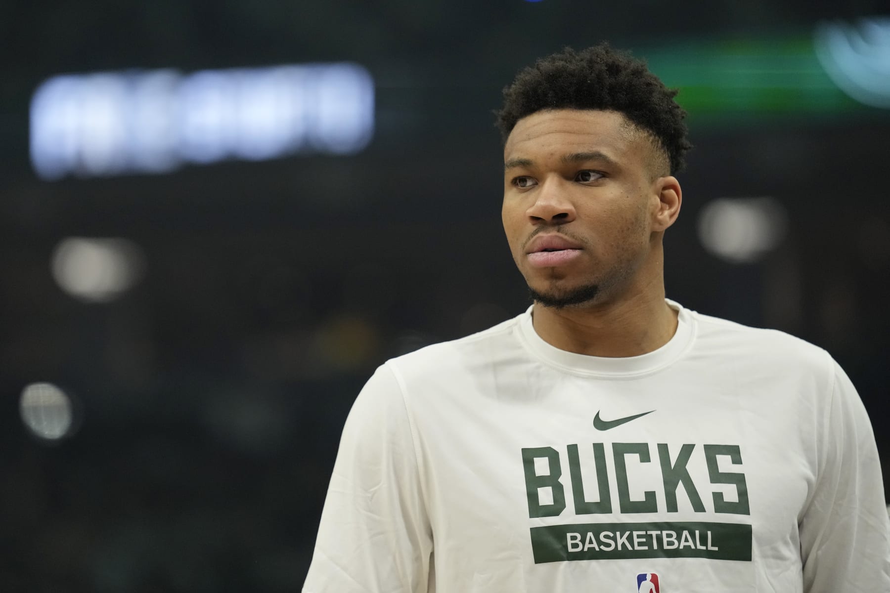 MILWAUKEE, WISCONSIN - APRIL 19: Giannis Antetokounmpo #34 of the Milwaukee Bucks looks on against the Miami Heat during the first half of Game Two of the Eastern Conference First Round Playoffs at Fiserv Forum on April 19, 2023 in Milwaukee, Wisconsin. NOTE TO USER: User expressly acknowledges and agrees that, by downloading and or using this photograph, user is consenting to the terms and conditions of the Getty Images License Agreement. (Photo by Patrick McDermott/Getty Images)