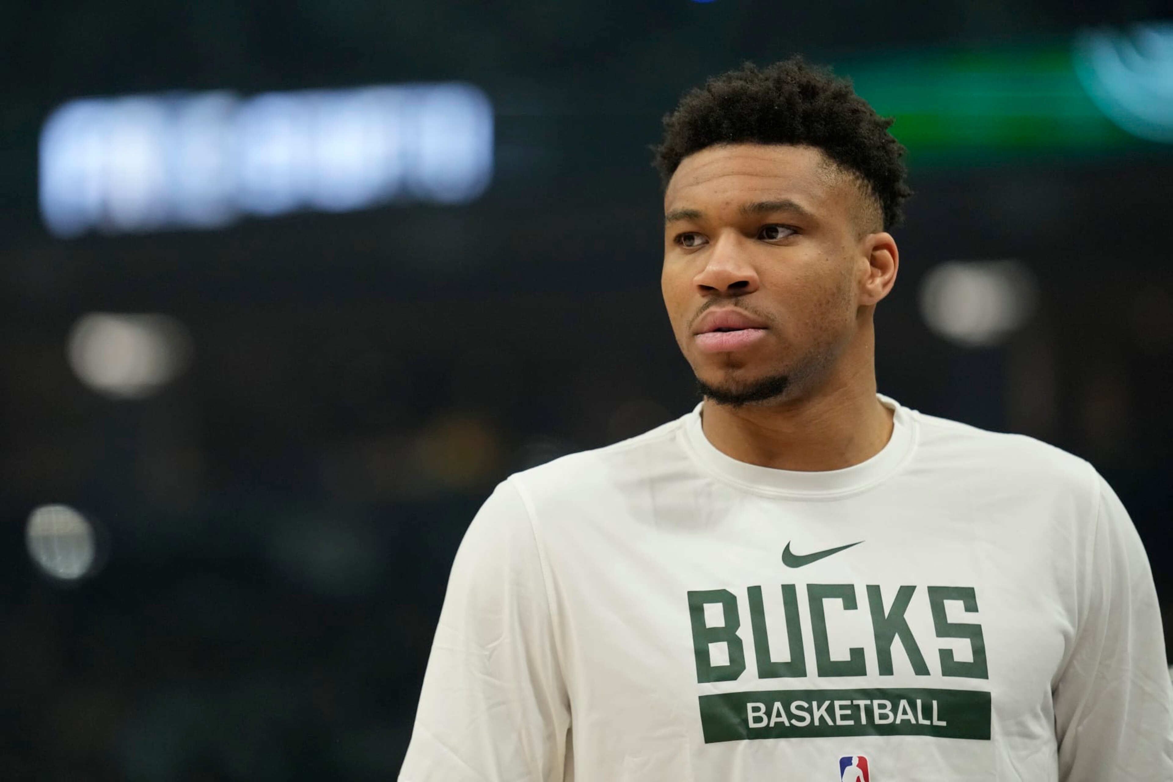 MILWAUKEE, WISCONSIN - APRIL 19: Giannis Antetokounmpo #34 of the Milwaukee Bucks looks on against the Miami Heat during the first half of Game Two of the Eastern Conference First Round Playoffs at Fiserv Forum on April 19, 2023 in Milwaukee, Wisconsin. NOTE TO USER: User expressly acknowledges and agrees that, by downloading and or using this photograph, user is consenting to the terms and conditions of the Getty Images License Agreement. (Photo by Patrick McDermott/Getty Images)