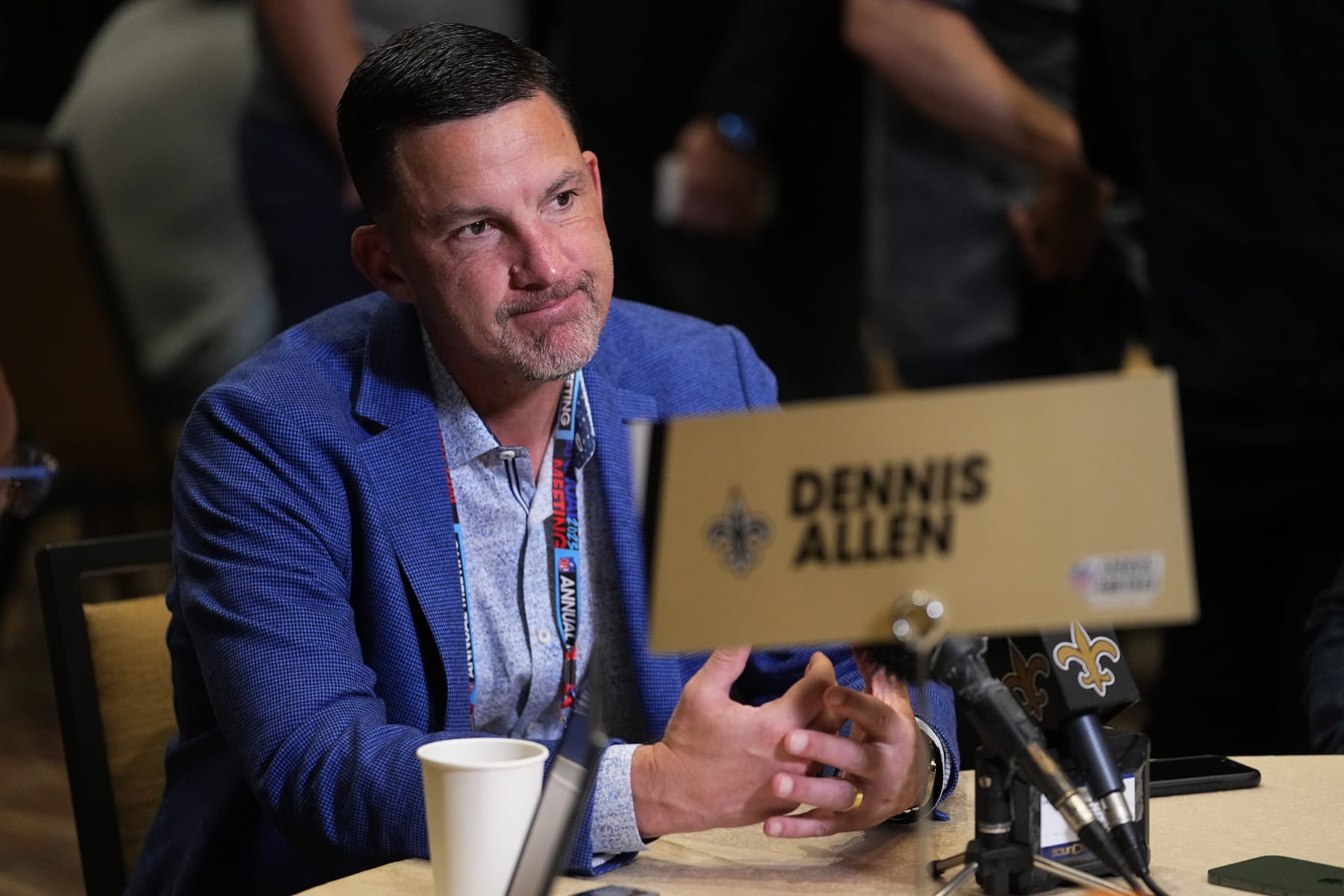 New Orleans Saints head coach Dennis Allen speaks during the NFC head coaches availability at the NFL football meetings, Tuesday, March 28, 2023, in Phoenix. (AP Photo/Matt York)