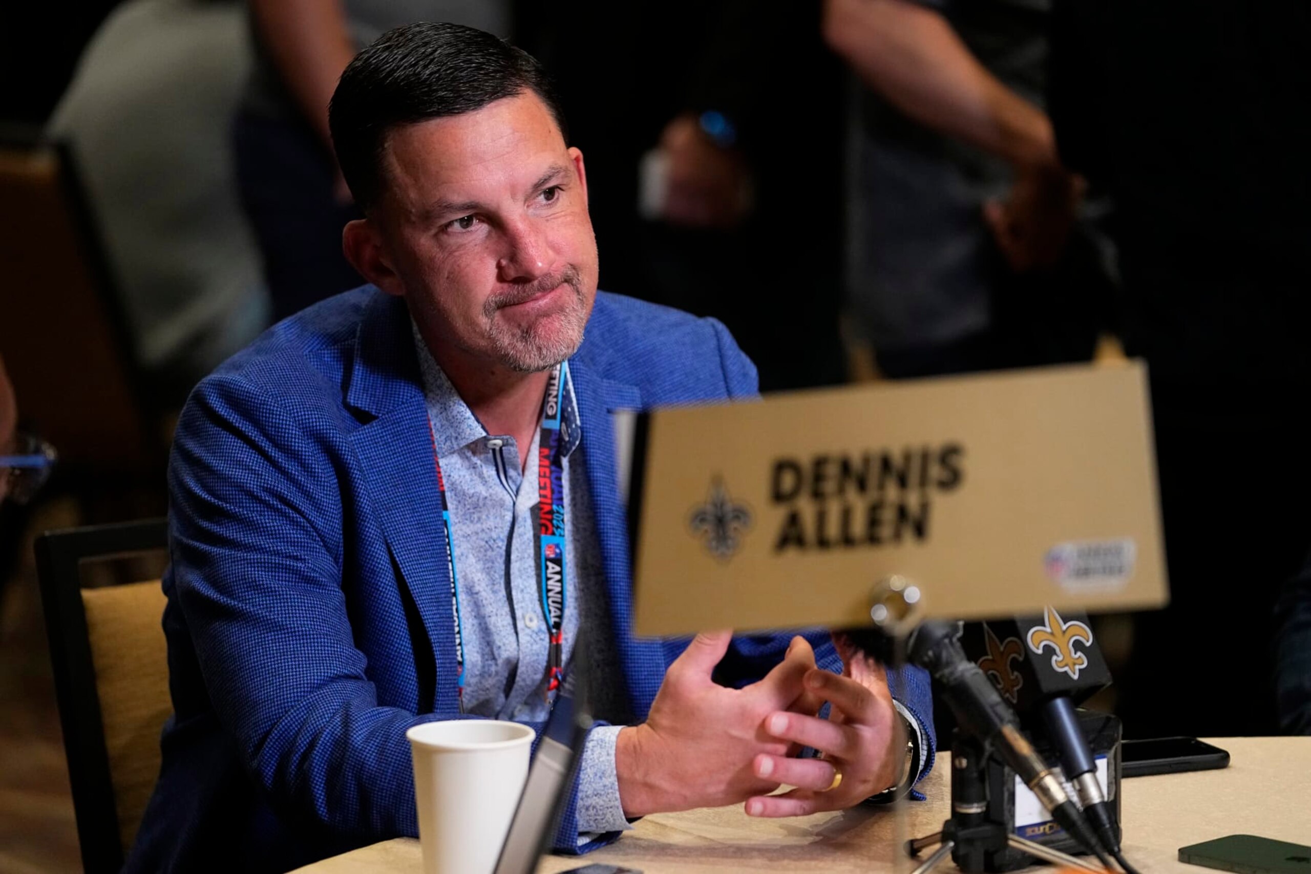 New Orleans Saints head coach Dennis Allen speaks during the NFC head coaches availability at the NFL football meetings, Tuesday, March 28, 2023, in Phoenix. (AP Photo/Matt York)
