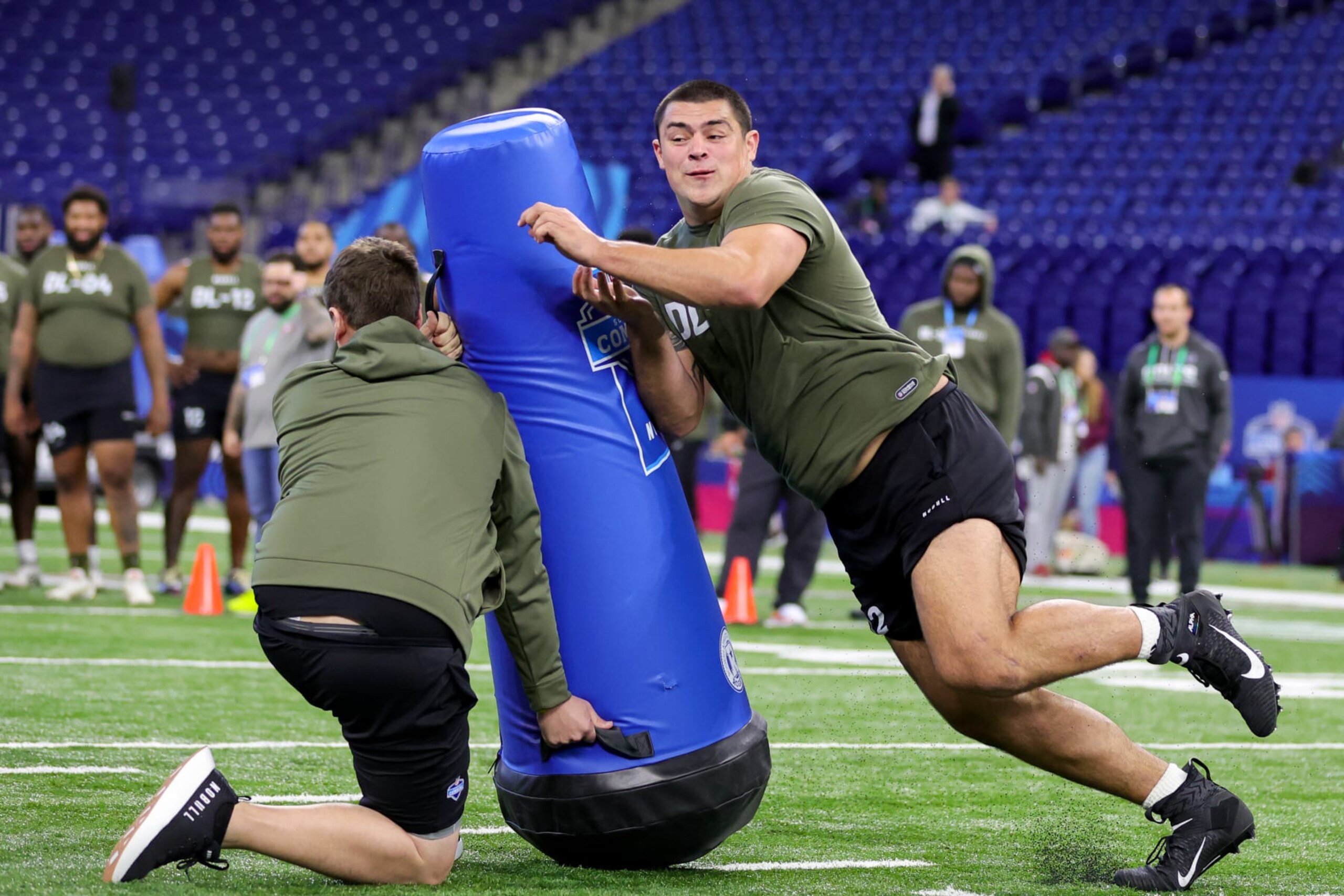 INDIANAPOLIS, INDIANA - MARCH 02: Defensive lineman Bryan Bresee of Clemson participates in a drill during the NFL Combine at Lucas Oil Stadium on March 02, 2023 in Indianapolis, Indiana. (Photo by Stacy Revere/Getty Images)