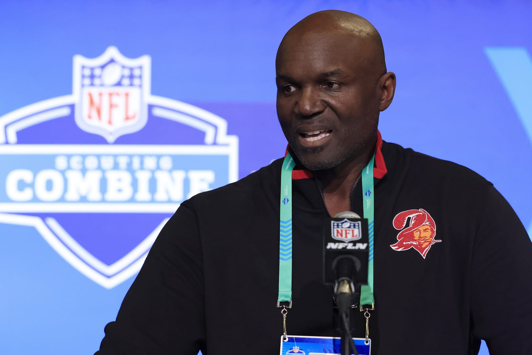 INDIANAPOLIS, INDIANA - FEBRUARY 28: Head coach Todd Bowles of the Tampa Bay Buccaneers speaks with the media during the NFL Combine at Lucas Oil Stadium on February 28, 2023 in Indianapolis, Indiana. (Photo by Justin Casterline/Getty Images)
