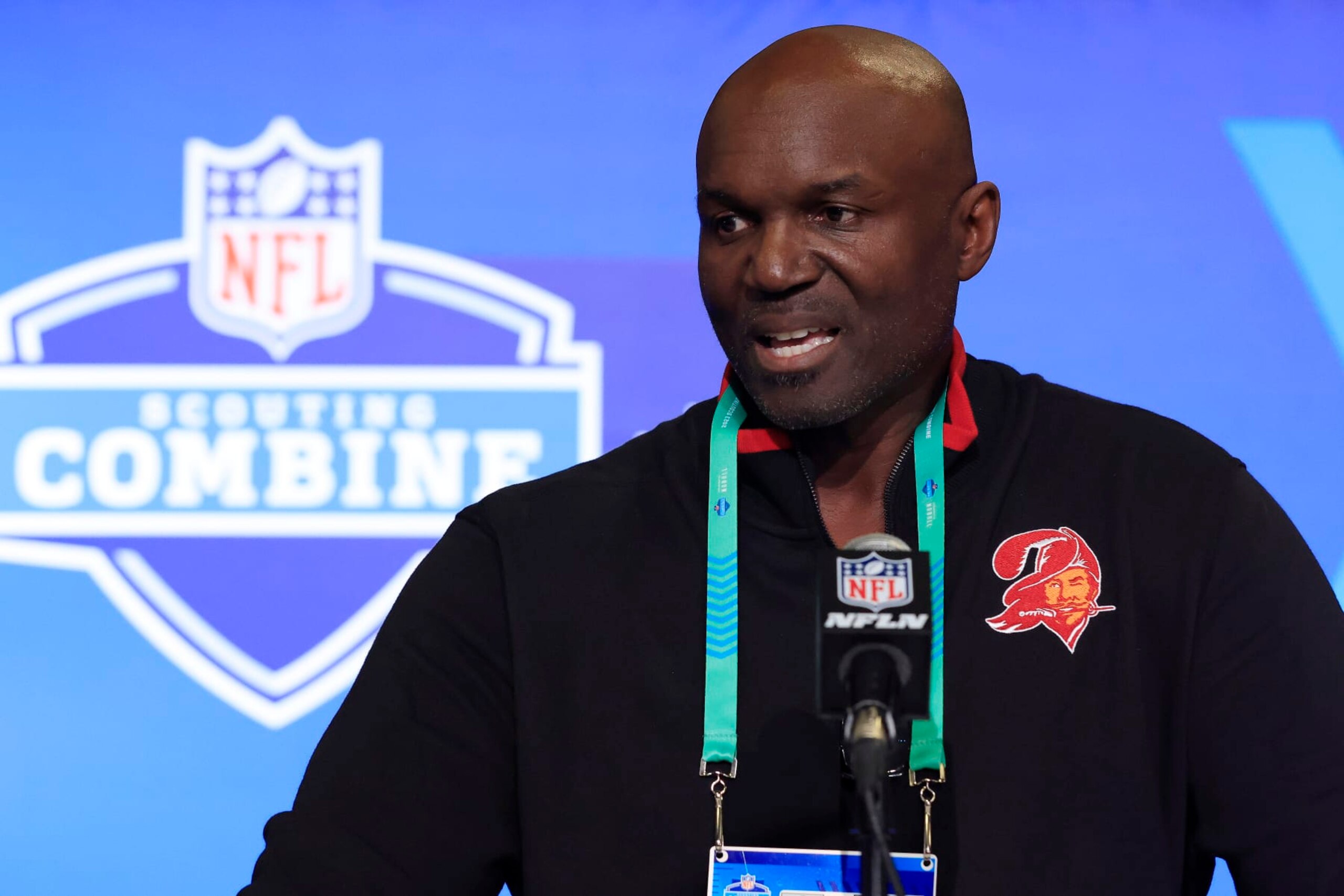 INDIANAPOLIS, INDIANA - FEBRUARY 28: Head coach Todd Bowles of the Tampa Bay Buccaneers speaks with the media during the NFL Combine at Lucas Oil Stadium on February 28, 2023 in Indianapolis, Indiana. (Photo by Justin Casterline/Getty Images)