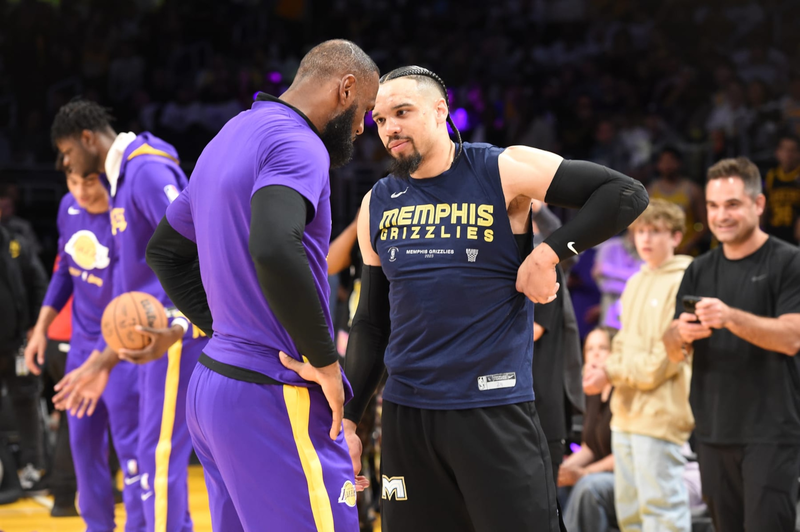LOS ANGELES, CA - APRIL 22: LeBron James #6 of the Los Angeles Lakers talks with Dillon Brooks #24 of the Memphis Grizzlies prior to Round 1 Game 3 of the 2023 NBA Playoffs on APRIL 22, 2023 at Crypto.Com Arena in Los Angeles, California. NOTE TO USER: User expressly acknowledges and agrees that, by downloading and/or using this Photograph, user is consenting to the terms and conditions of the Getty Images License Agreement. Mandatory Copyright Notice: Copyright 2023 NBAE (Photo by Andrew D. Bernstein/NBAE via Getty Images) LOS ANGELES, CA - APRIL 22: LeBron James #6 of the Los Angeles Lakers talks with Dillon Brooks #24 of the Memphis Grizzlies prior to Round 1 Game 3 of the 2023 NBA Playoffs on APRIL 22, 2023 at Crypto.Com Arena in Los Angeles, California. NOTE TO USER: User expressly acknowledges and agrees that, by downloading and/or using this Photograph, user is consenting to the terms and conditions of the Getty Images License Agreement. Mandatory Copyright Notice: Copyright 2023 NBAE (Photo by Andrew D. Bernstein/NBAE via Getty Images)
