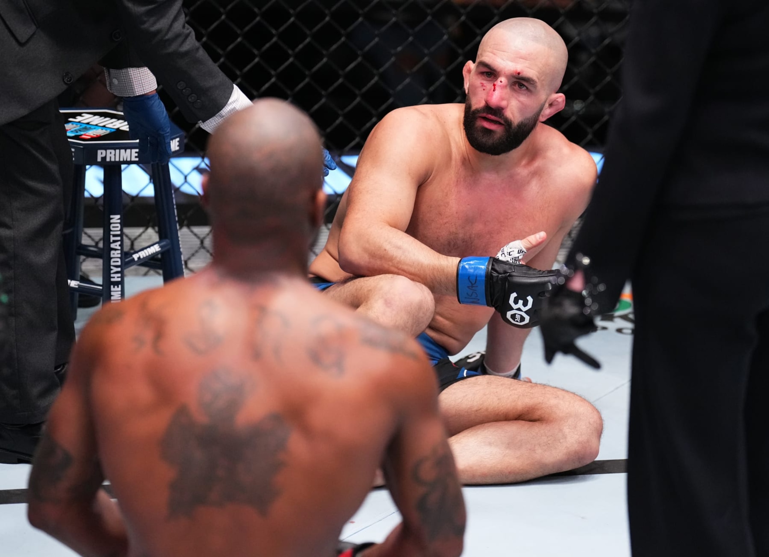 LAS VEGAS, NEVADA - APRIL 22: Jared Gordon reacts after the conclusion of his lightweight fight against Bobby Green during the UFC Fight Night event at UFC APEX on April 22, 2023 in Las Vegas, Nevada. After review, the fight was declared a no-contest due to an accidental head butt.  (Photo by Chris Unger/Zuffa LLC via Getty Images)