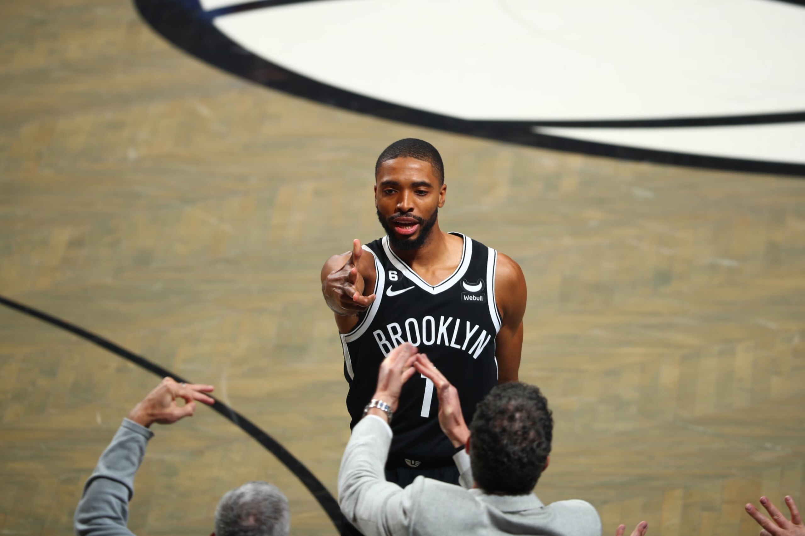 BROOKLYN, NY - APRIL 20: Mikal Bridges #1 of the Brooklyn Nets celebrates a three point basket during Round One Game Three of the 2023 NBA Playoffs against the Philadelphia 76ers on April 20, 2023 at Barclays Center in Brooklyn, New York. NOTE TO USER: User expressly acknowledges and agrees that, by downloading and or using this Photograph, user is consenting to the terms and conditions of the Getty Images License Agreement. Mandatory Copyright Notice: Copyright 2023 NBAE (Photo by David L. Nemec/NBAE via Getty Images)