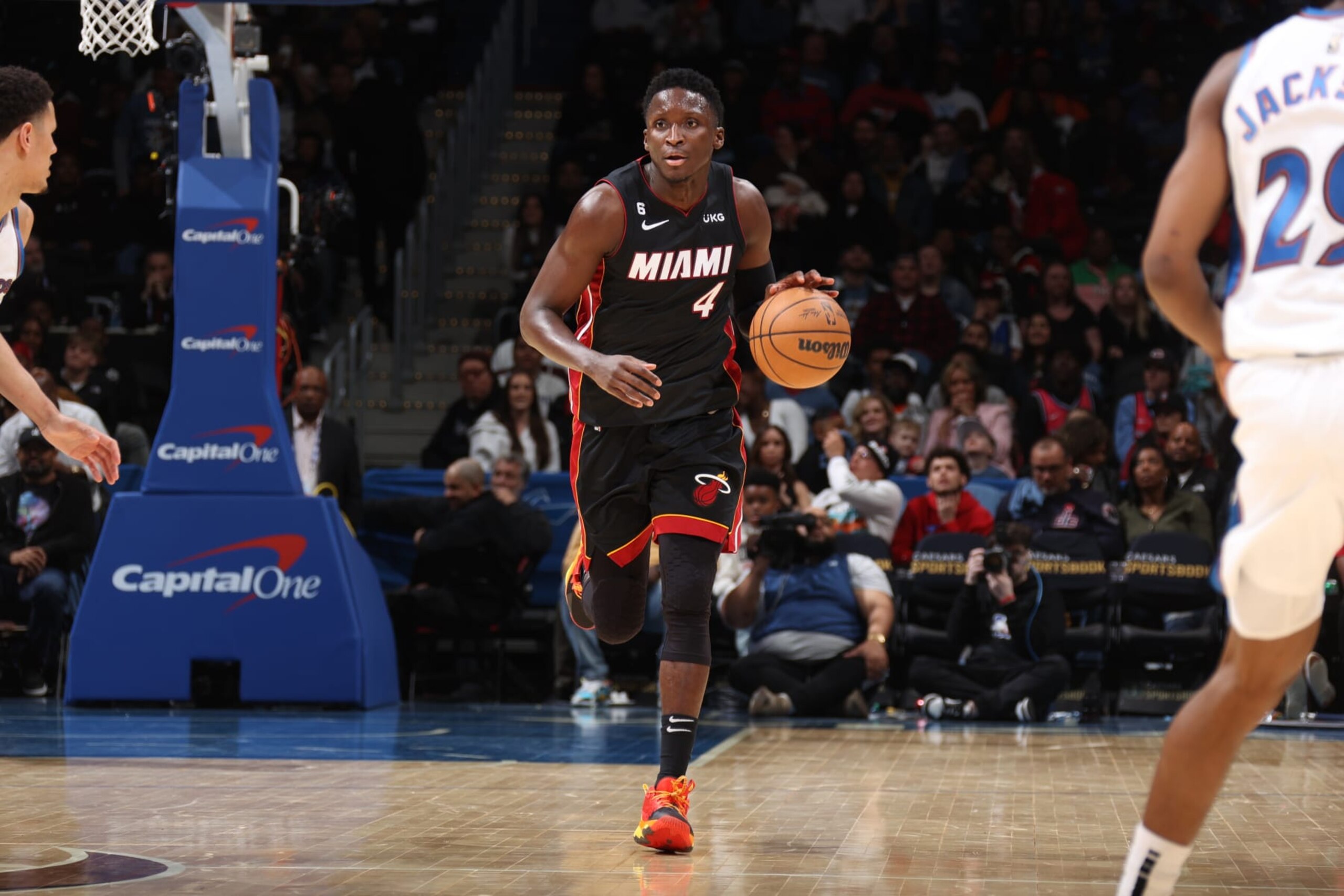 WASHINGTON, DC -  APRIL 7: Victor Oladipo #4 of the Miami Heat dribbles the ball during the game against the Washington Wizards on April 7, 2023 at Capital One Arena in Washington, DC. NOTE TO USER: User expressly acknowledges and agrees that, by downloading and or using this Photograph, user is consenting to the terms and conditions of the Getty Images License Agreement. Mandatory Copyright Notice: Copyright 2023 NBAE (Photo by Stephen Gosling/NBAE via Getty Images)