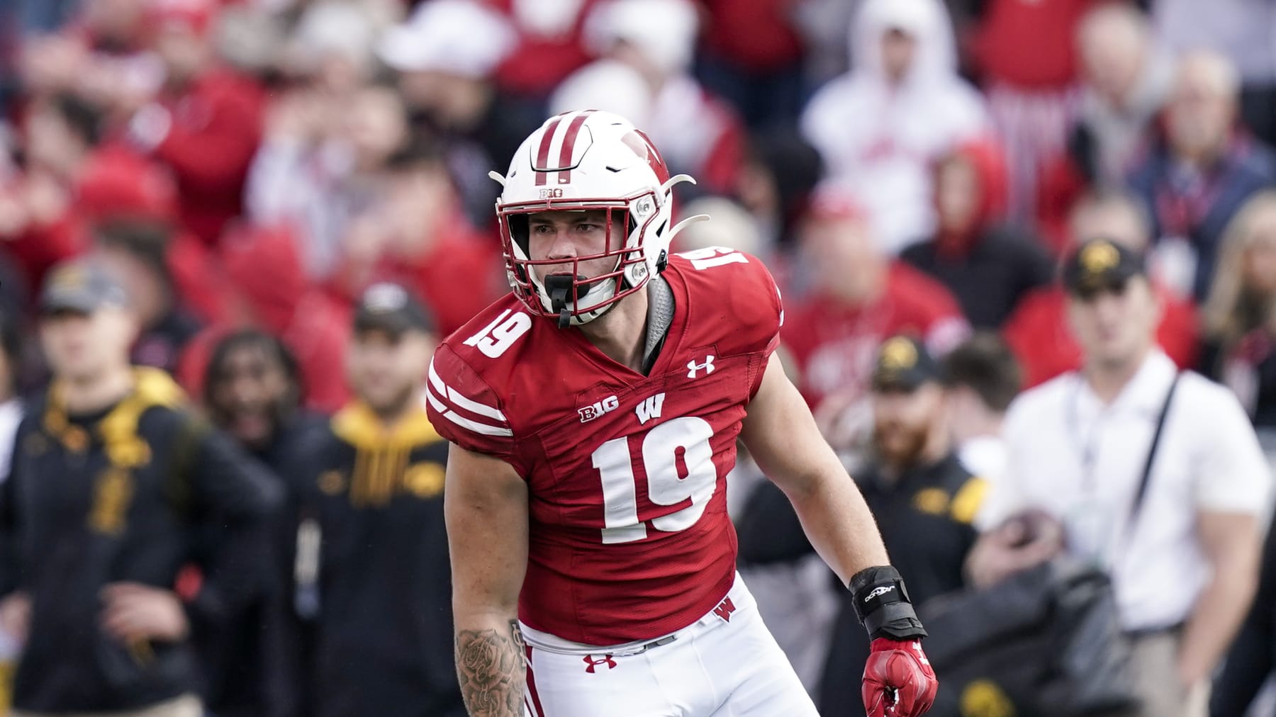 Wisconsin linebacker Nick Herbig during the first half of an NCAA college football game against Iowa Saturday, Oct. 30, 2021, in Madison, Wis. (AP Photo/Andy Manis)