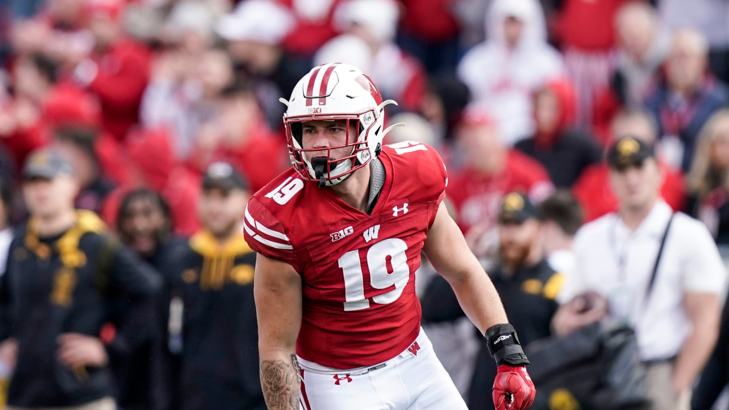 Wisconsin linebacker Nick Herbig during the first half of an NCAA college football game against Iowa Saturday, Oct. 30, 2021, in Madison, Wis. (AP Photo/Andy Manis)