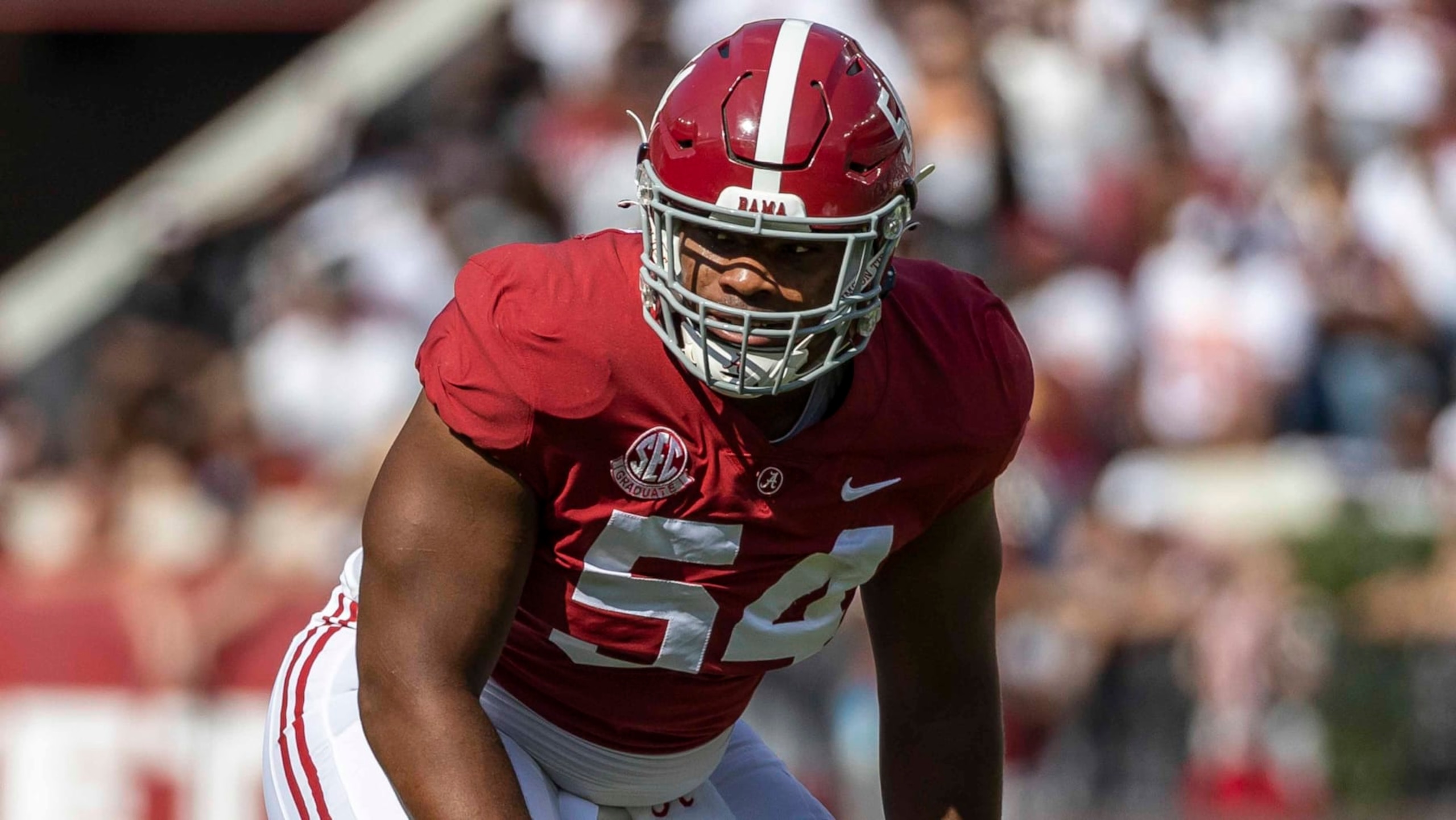 Alabama offensive lineman Tyler Steen (54) during the first half of an NCAA college football game, Saturday, Sept. 17, 2022, in Tuscaloosa, Ala. (AP Photo/Vasha Hunt)