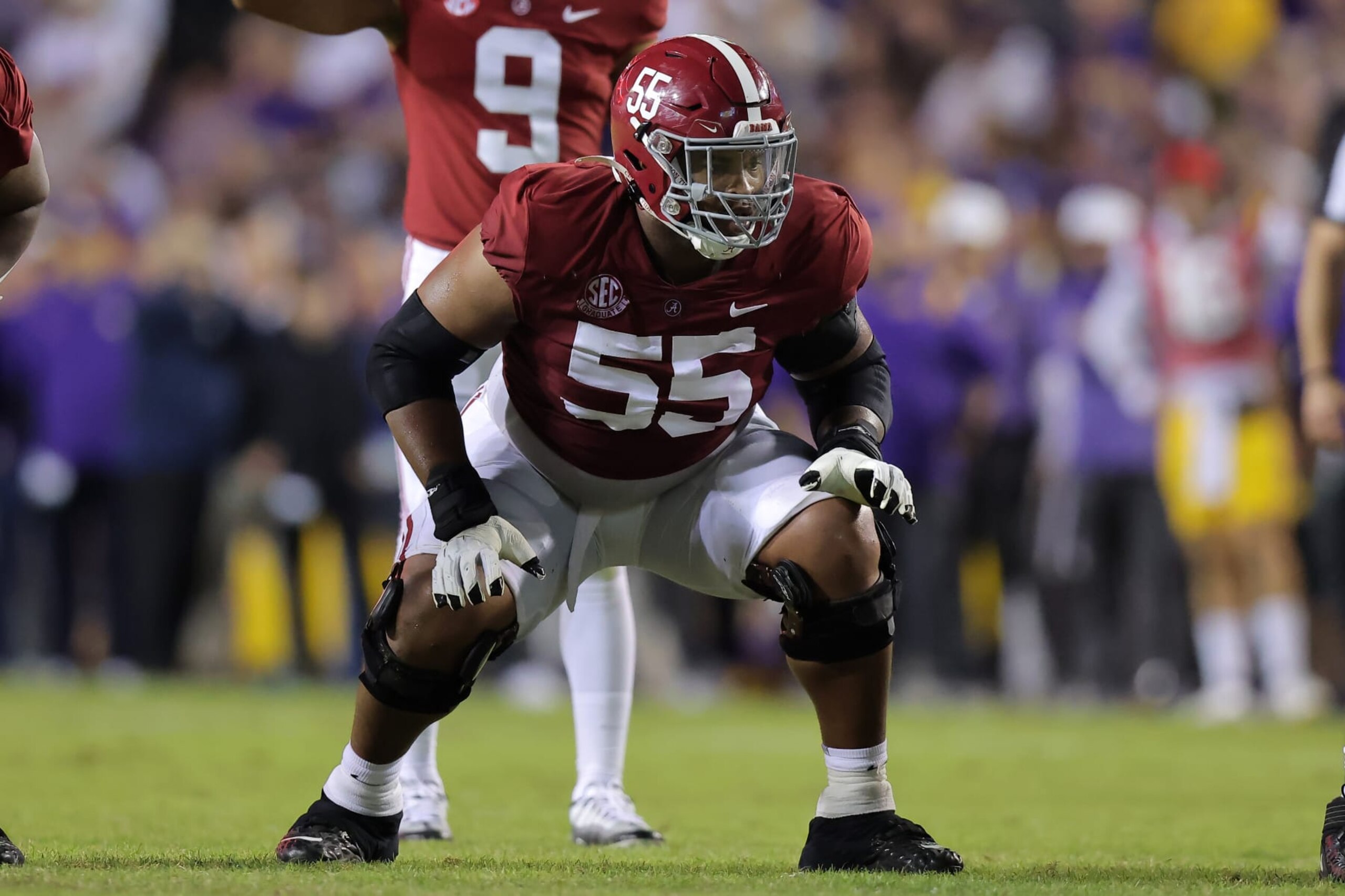 BATON ROUGE, LOUISIANA - NOVEMBER 05: Emil Ekiyor Jr. #55 of the Alabama Crimson Tide in action against the LSU Tigers during a game at Tiger Stadium on November 05, 2022 in Baton Rouge, Louisiana. (Photo by Jonathan Bachman/Getty Images)