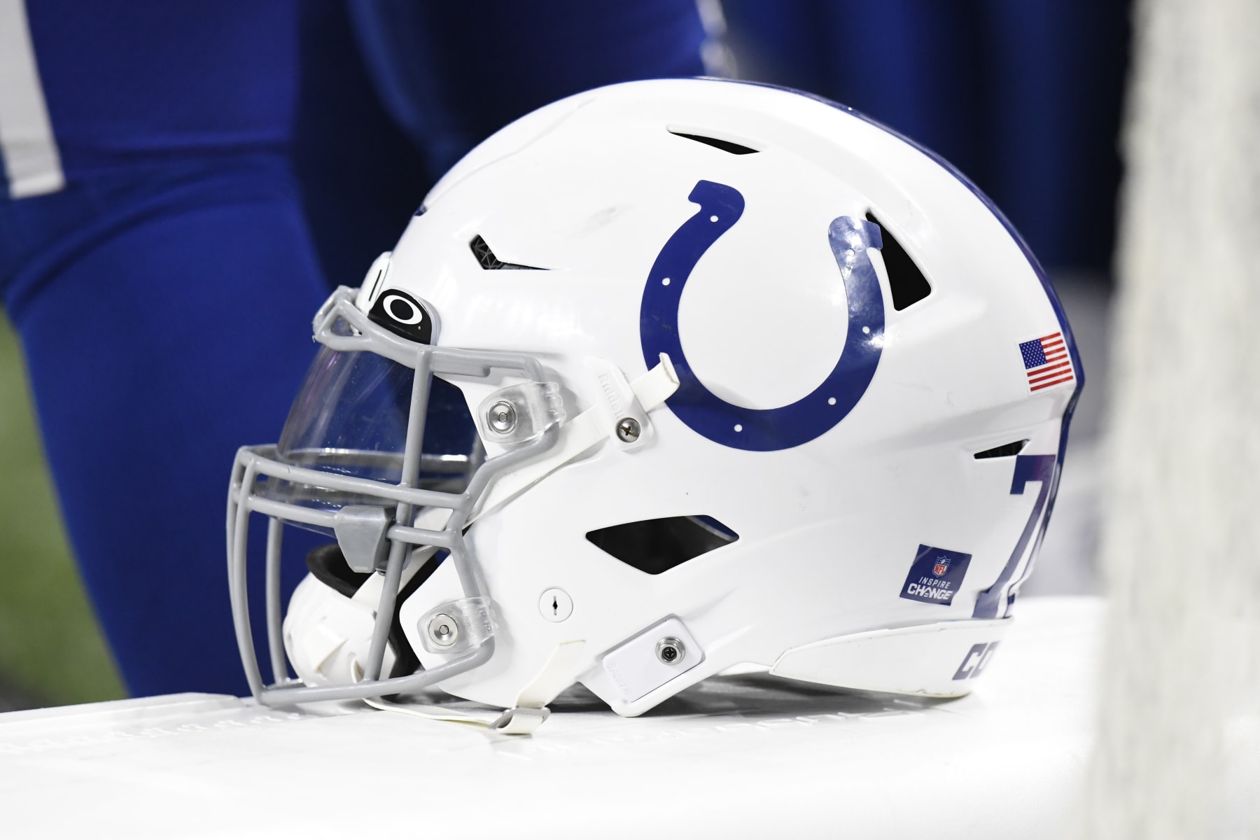 INDIANAPOLIS, IN - DECEMBER 26: An Indianapolis Colts helmet sits on the sideline during the NFL football game between the Los Angeles Chargers and the Indianapolis Colts on December 26, 2022, at Lucas Oil Stadium in Indianapolis, Indiana. (Photo by Michael Allio/Icon Sportswire via Getty Images)