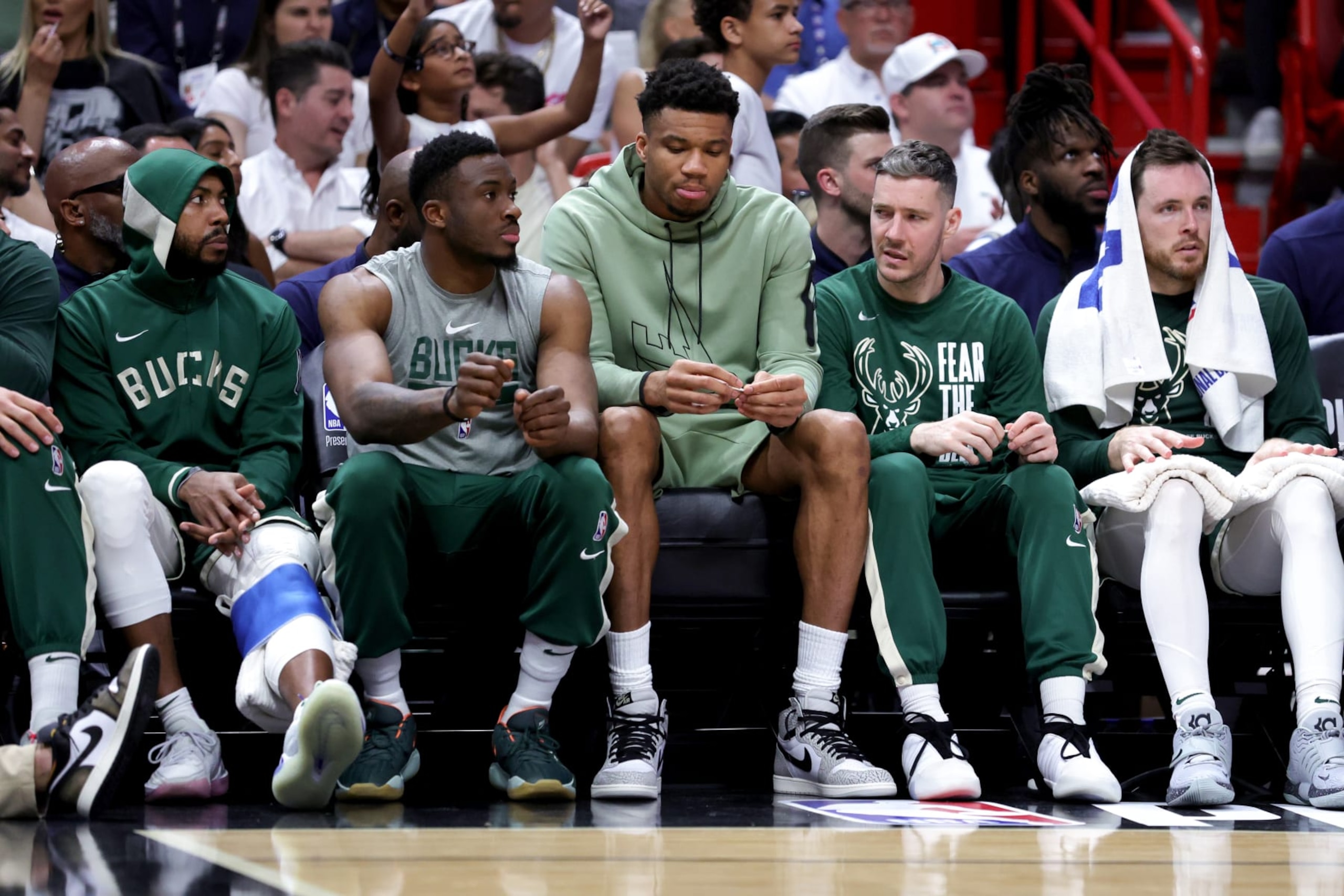 MIAMI, FLORIDA - APRIL 22: Giannis Antetokounmpo #34 of the Milwaukee Bucks looks on from the bench during the fourth quarter against the Miami Heat during Game Three of the Eastern Conference First Round Playoffs at Kaseya Center on April 22, 2023 in Miami, Florida. NOTE TO USER: User expressly acknowledges and agrees that, by downloading and or using this photograph, User is consenting to the terms and conditions of the Getty Images License Agreement. (Photo by Megan Briggs/Getty Images) MIAMI, FLORIDA - APRIL 22: Giannis Antetokounmpo #34 of the Milwaukee Bucks looks on from the bench during the fourth quarter against the Miami Heat during Game Three of the Eastern Conference First Round Playoffs at Kaseya Center on April 22, 2023 in Miami, Florida. NOTE TO USER: User expressly acknowledges and agrees that, by downloading and or using this photograph, User is consenting to the terms and conditions of the Getty Images License Agreement. (Photo by Megan Briggs/Getty Images)