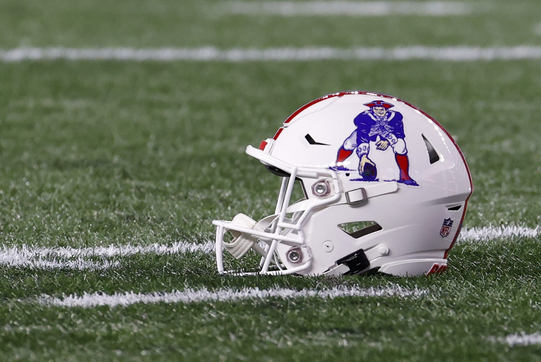 FOXBOROUGH, MA - DECEMBER 01: Retro Patriots helmet featuring the old Pat Patriot logo during a game between the New England Patriots and the Buffalo Bills on December 1, 2022, at Gillette Stadium in Foxborough, Massachusetts. (Photo by Fred Kfoury III/Icon Sportswire via Getty Images)