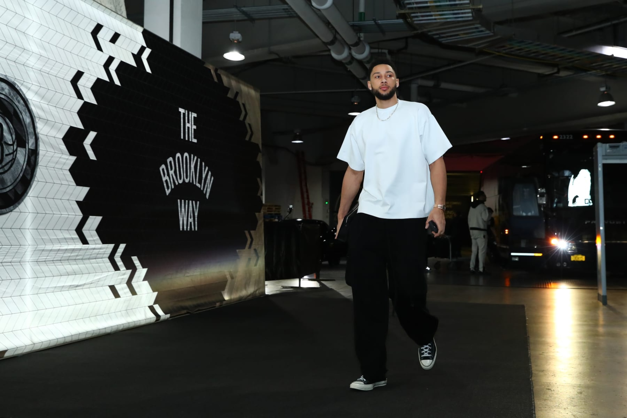 BROOKLYN, NY - APRIL 9: Ben Simmons #10 of the Brooklyn Nets arrives to the arena before the game against the Philadelphia 76ers on April 9, 2023 at Barclays Center in Brooklyn, New York. NOTE TO USER: User expressly acknowledges and agrees that, by downloading and or using this Photograph, user is consenting to the terms and conditions of the Getty Images License Agreement. Mandatory Copyright Notice: Copyright 2023 NBAE (Photo by David L. Nemec/NBAE via Getty Images) BROOKLYN, NY - APRIL 9: Ben Simmons #10 of the Brooklyn Nets arrives to the arena before the game against the Philadelphia 76ers on April 9, 2023 at Barclays Center in Brooklyn, New York. NOTE TO USER: User expressly acknowledges and agrees that, by downloading and or using this Photograph, user is consenting to the terms and conditions of the Getty Images License Agreement. Mandatory Copyright Notice: Copyright 2023 NBAE (Photo by David L. Nemec/NBAE via Getty Images)