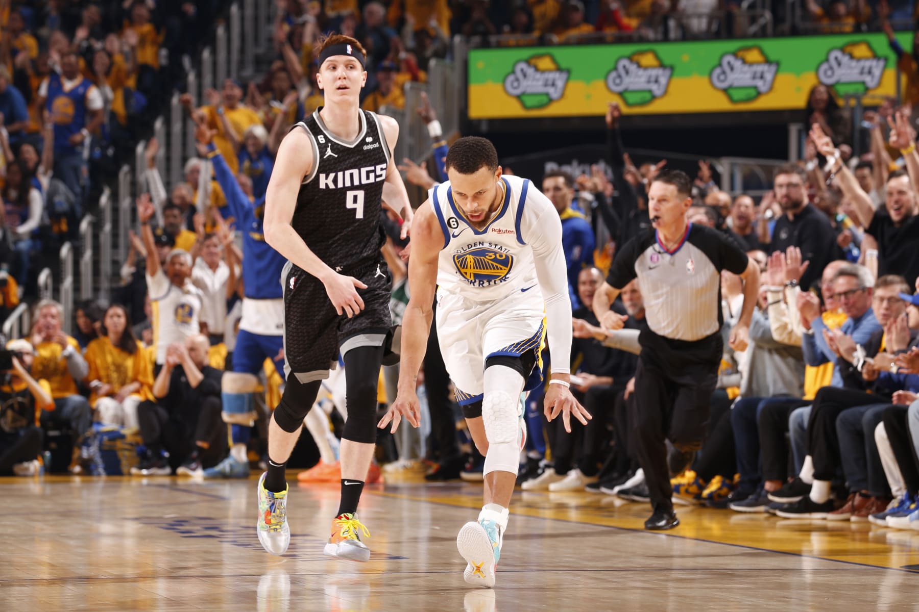 SAN FRANCISCO, CA - APRIL 23: Stephen Curry #30 of the Golden State Warriors celebrates during Round 1 Game 4 of the 2023 NBA Playoffs on April 23, 2023 at Chase Center in San Francisco, California. NOTE TO USER: User expressly acknowledges and agrees that, by downloading and or using this photograph, user is consenting to the terms and conditions of Getty Images License Agreement. Mandatory Copyright Notice: Copyright 2023 NBAE (Photo by Jed Jacobsohn/NBAE via Getty Images)
