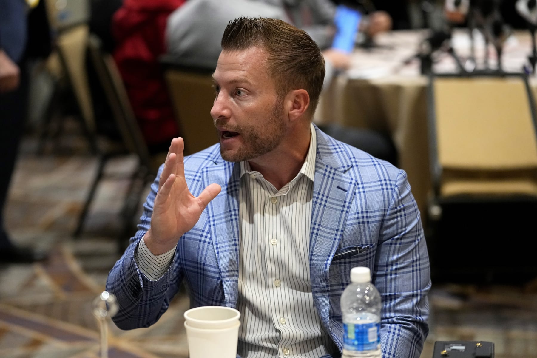 Los Angeles Rams head coach Sean McVay speaks during the NFC head coaches availability at the NFL football meetings, Tuesday, March 28, 2023, in Phoenix. (AP Photo/Matt York)
