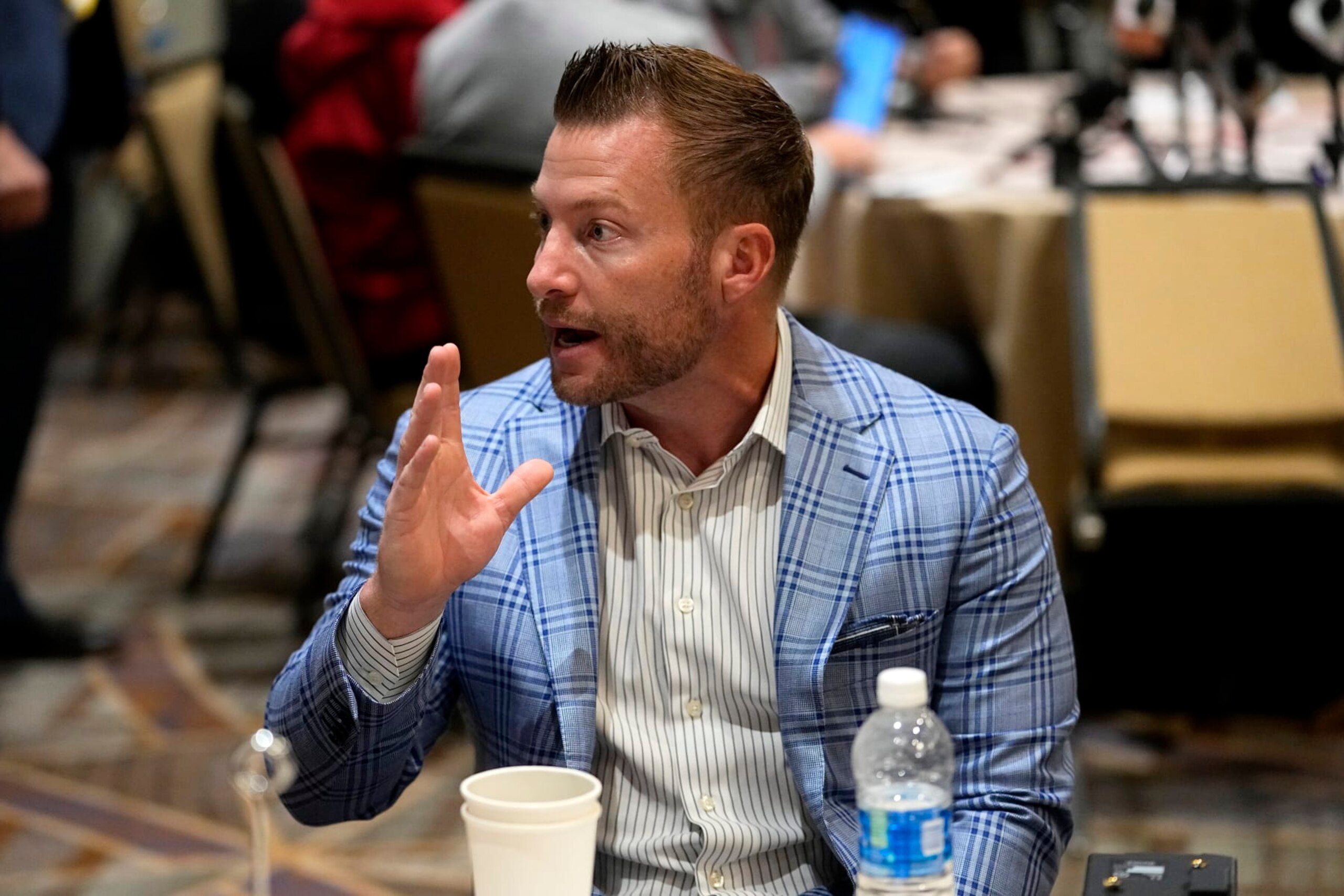 Los Angeles Rams head coach Sean McVay speaks during the NFC head coaches availability at the NFL football meetings, Tuesday, March 28, 2023, in Phoenix. (AP Photo/Matt York)