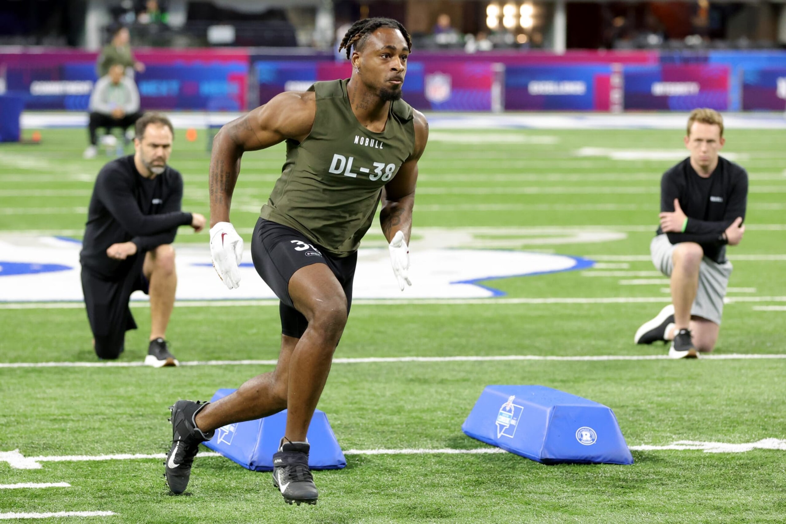 INDIANAPOLIS, INDIANA - MARCH 02: Defensive lineman Will Mcdonald IV of Iowa State participates in a drill during the NFL Combine at Lucas Oil Stadium on March 02, 2023 in Indianapolis, Indiana. (Photo by Stacy Revere/Getty Images)