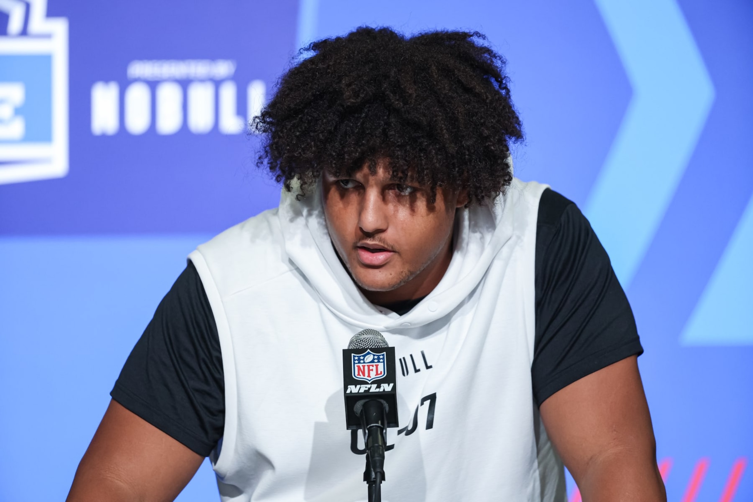 INDIANAPOLIS, IN - MARCH 04: Offensive lineman Matthew Bergeron of Syracuse speaks to the media during the NFL Combine at Lucas Oil Stadium on March 4, 2023 in Indianapolis, Indiana. (Photo by Michael Hickey/Getty Images)