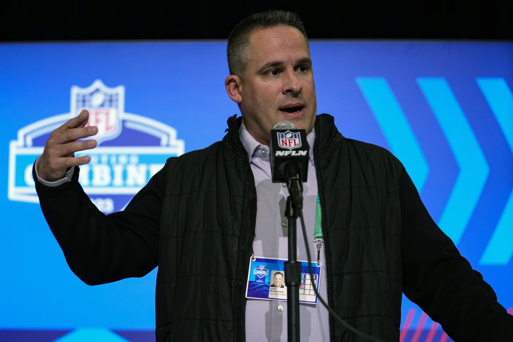 Las Vegas Raiders head coach Josh McDaniels speaks during a press conference at the NFL football scouting combine in Indianapolis, Tuesday, Feb. 28, 2023. (AP Photo/Michael Conroy)