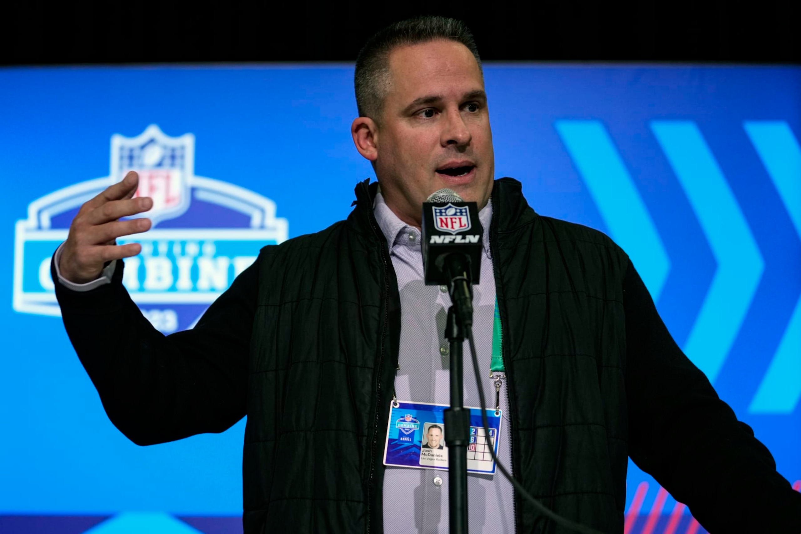 Las Vegas Raiders head coach Josh McDaniels speaks during a press conference at the NFL football scouting combine in Indianapolis, Tuesday, Feb. 28, 2023. (AP Photo/Michael Conroy)