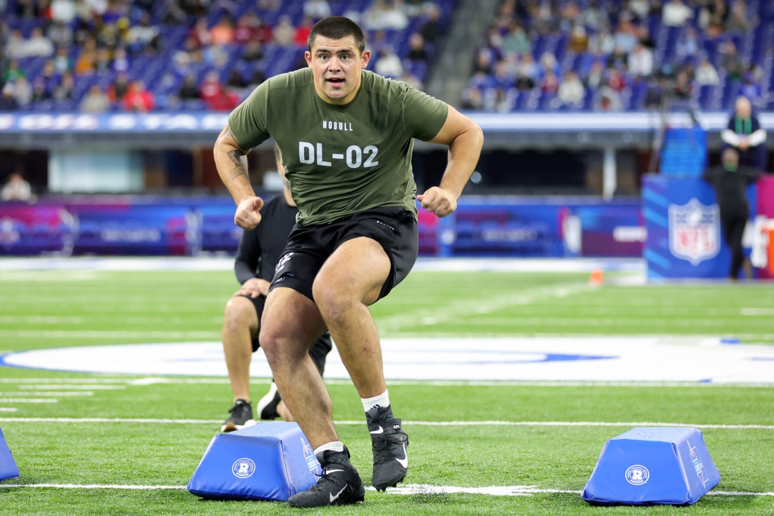 INDIANAPOLIS, INDIANA - MARCH 02: Defensive lineman Bryan Bresee of Clemson participates in a drill during the NFL Combine at Lucas Oil Stadium on March 02, 2023 in Indianapolis, Indiana. (Photo by Stacy Revere/Getty Images)