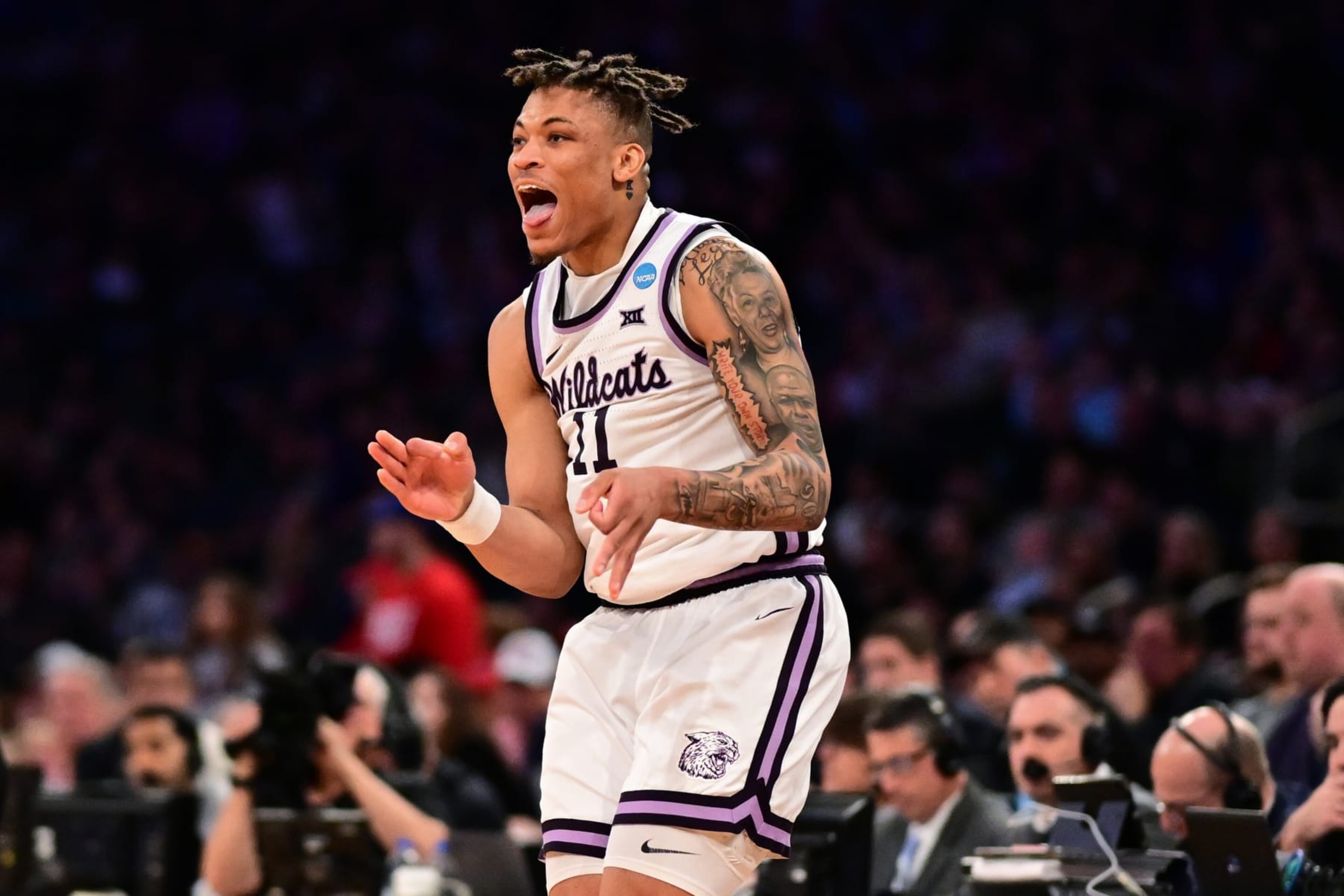 NEW YORK, NEW YORK - MARCH 25: Keyontae Johnson #11 of the Kansas State Wildcats reacts during the second half of the game against the Florida Atlantic Owls during the Elite Eight round of the 2023 NCAA Men's Basketball Tournament held at Madison Square Garden on March 25, 2023 in New York City. (Photo by Ben Solomon/NCAA Photos via Getty Images) NEW YORK, NEW YORK - MARCH 25: Keyontae Johnson #11 of the Kansas State Wildcats reacts during the second half of the game against the Florida Atlantic Owls during the Elite Eight round of the 2023 NCAA Men's Basketball Tournament held at Madison Square Garden on March 25, 2023 in New York City. (Photo by Ben Solomon/NCAA Photos via Getty Images)
