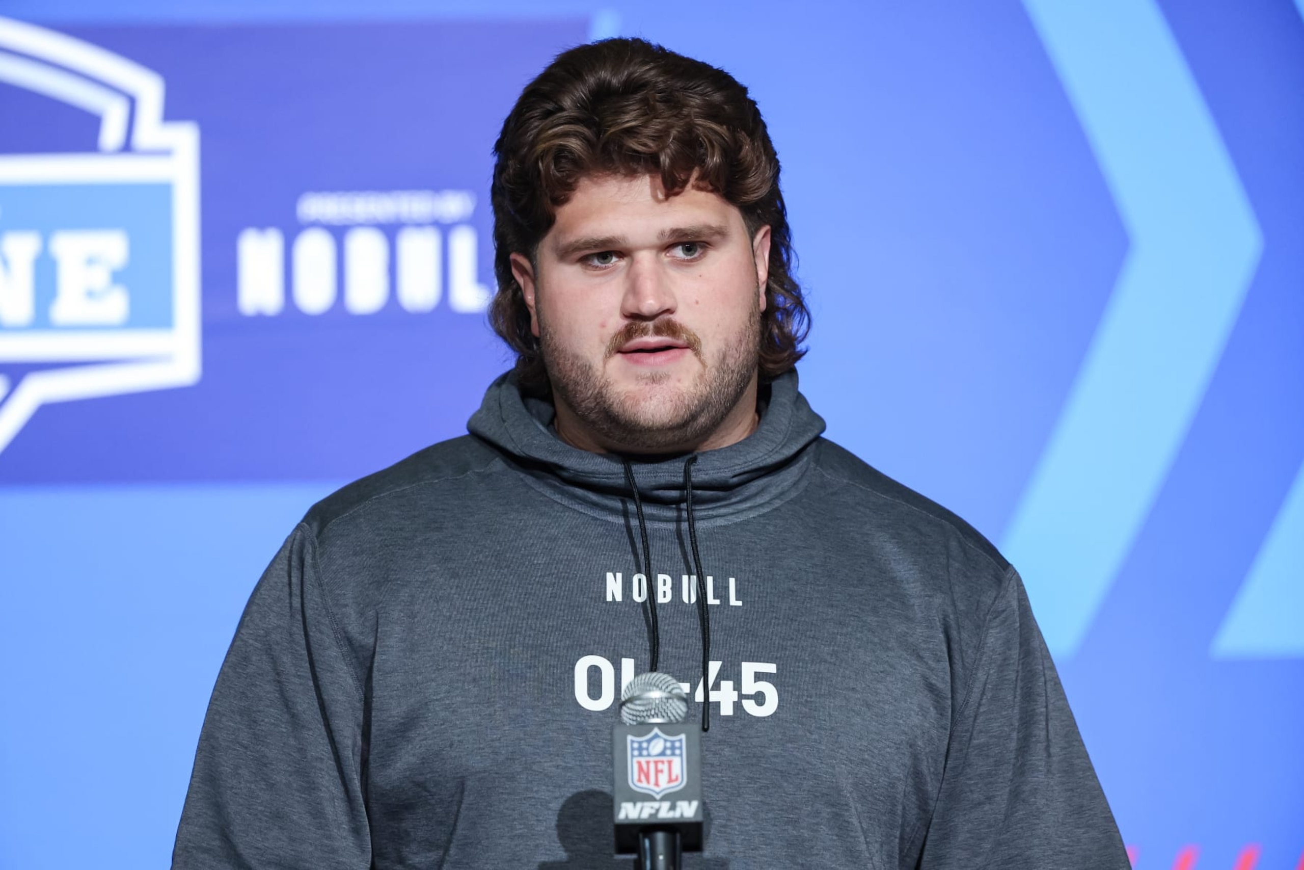 INDIANAPOLIS, IN - MARCH 04: Offensive lineman Joe Tippmann of Wisconsin speaks to the media during the NFL Combine at Lucas Oil Stadium on March 4, 2023 in Indianapolis, Indiana. (Photo by Michael Hickey/Getty Images) INDIANAPOLIS, IN - MARCH 04: Offensive lineman Joe Tippmann of Wisconsin speaks to the media during the NFL Combine at Lucas Oil Stadium on March 4, 2023 in Indianapolis, Indiana. (Photo by Michael Hickey/Getty Images)
