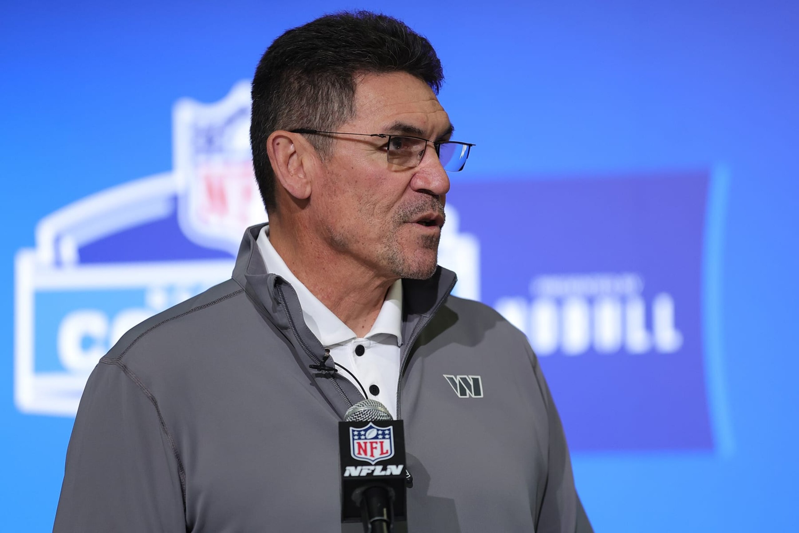 INDIANAPOLIS, INDIANA - FEBRUARY 28: Head coach Ron Rivera of the Washington Commanders speaks to the media during the NFL Combine at the Indiana Convention Center on February 28, 2023 in Indianapolis, Indiana. (Photo by Stacy Revere/Getty Images)