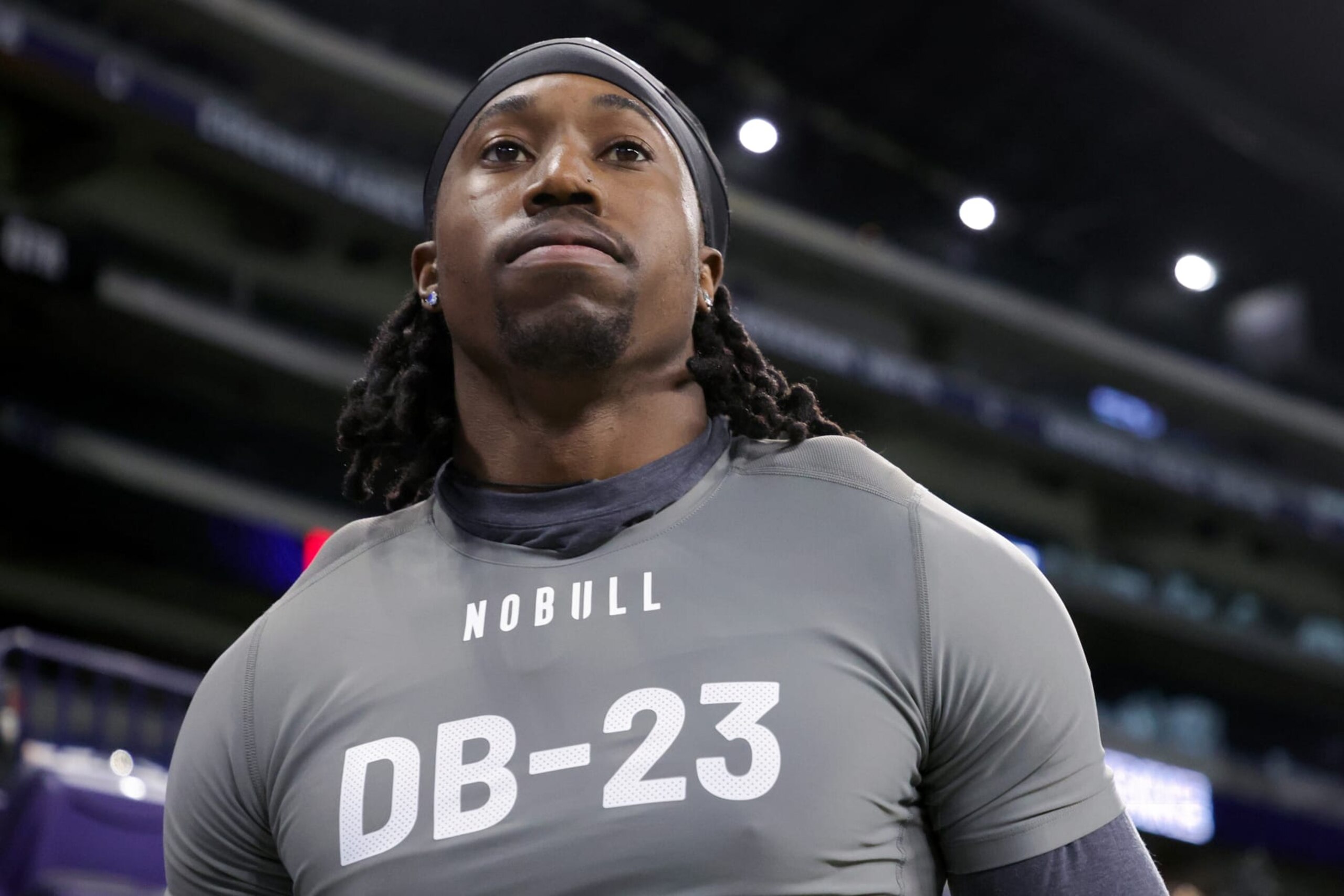 INDIANAPOLIS, INDIANA - MARCH 03: Defensive back Joey Porter of Penn State looks on during the NFL Combine at Lucas Oil Stadium on March 03, 2023 in Indianapolis, Indiana. (Photo by Stacy Revere/Getty Images)
