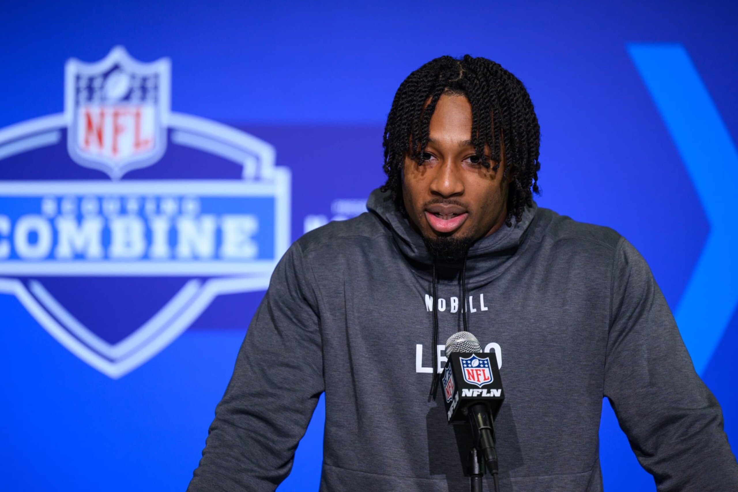 INDIANAPOLIS, IN - MARCH 01: LSU linebacker BJ Ojulari answers questions from the media during the NFL Scouting Combine on March 1, 2023, at the Indiana Convention Center in Indianapolis, IN. (Photo by Zach Bolinger/Icon Sportswire via Getty Images)