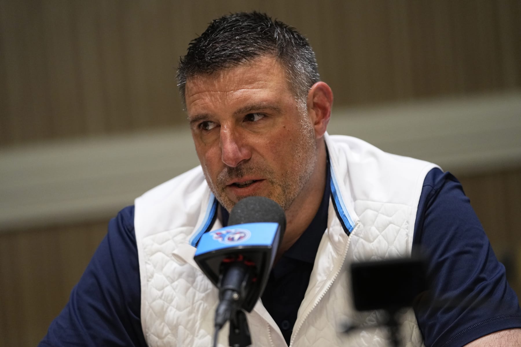Tennessee Titans head coach Mike Vrabel speaks during the AFC head coaches availability at the NFL meetings, Monday, March 27, 2023, in Phoenix. (AP Photo/Matt York)