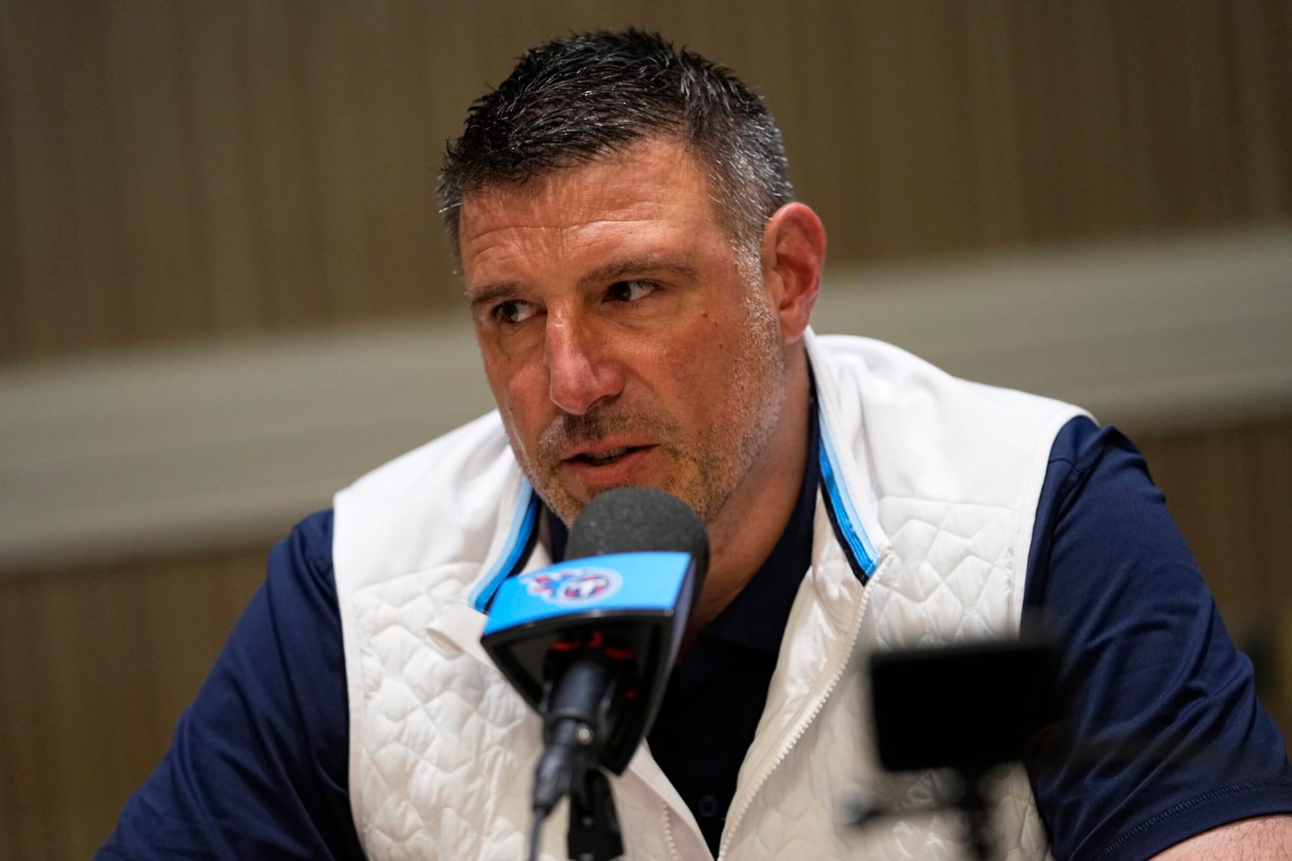 Tennessee Titans head coach Mike Vrabel speaks during the AFC head coaches availability at the NFL meetings, Monday, March 27, 2023, in Phoenix. (AP Photo/Matt York)