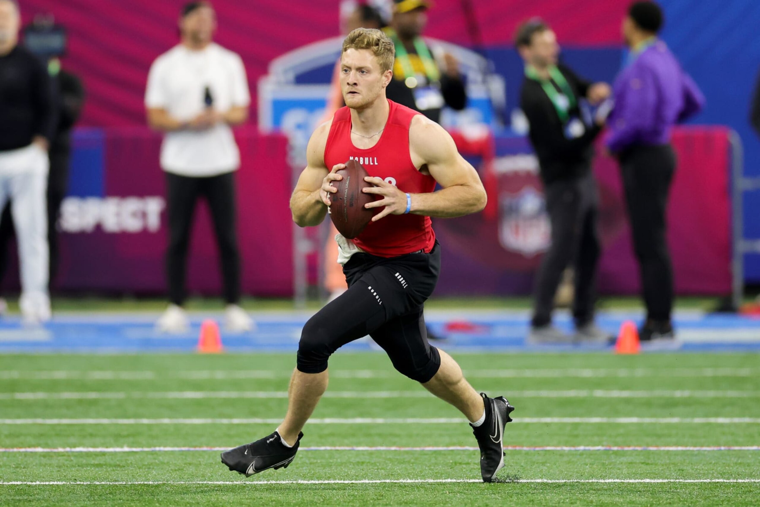 INDIANAPOLIS, INDIANA - MARCH 04: Quarterback Will Levis of Kentucky participates in a drill during the NFL Combine at Lucas Oil Stadium on March 04, 2023 in Indianapolis, Indiana. (Photo by Stacy Revere/Getty Images)