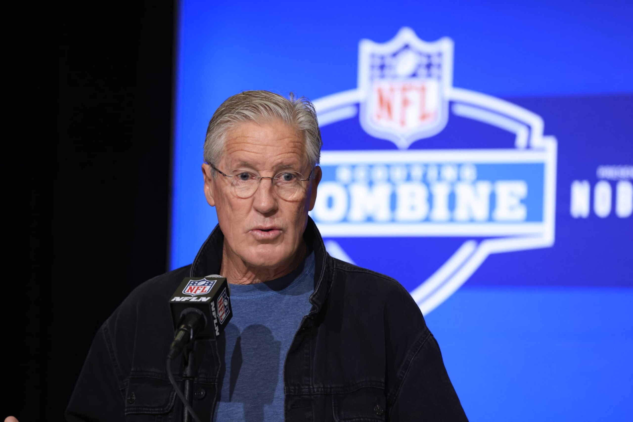 INDIANAPOLIS, INDIANA - MARCH 01: Head coach Pete Carroll of the Seattle Seahawks speaks with the media during the NFL Combine at Lucas Oil Stadium on February 28, 2023 in Indianapolis, Indiana. (Photo by Justin Casterline/Getty Images)
