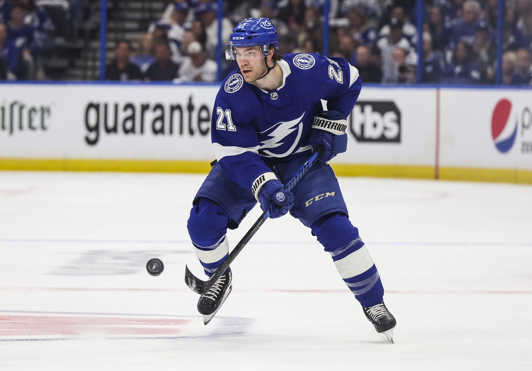 TAMPA, FL - APRIL 22: Brayden Point #21 of the Tampa Bay Lightning against the Toronto Maple Leafs during the first period in Game Three of the First Round of the 2023 Stanley Cup Playoffs at Amalie Arena on April 22, 2023 in Tampa, Florida. (Photo by Mark LoMoglio/NHLI via Getty Images)