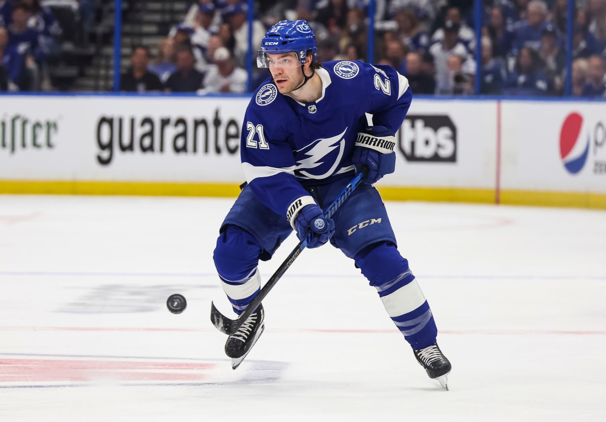 TAMPA, FL - APRIL 22: Brayden Point #21 of the Tampa Bay Lightning against the Toronto Maple Leafs during the first period in Game Three of the First Round of the 2023 Stanley Cup Playoffs at Amalie Arena on April 22, 2023 in Tampa, Florida. (Photo by Mark LoMoglio/NHLI via Getty Images)