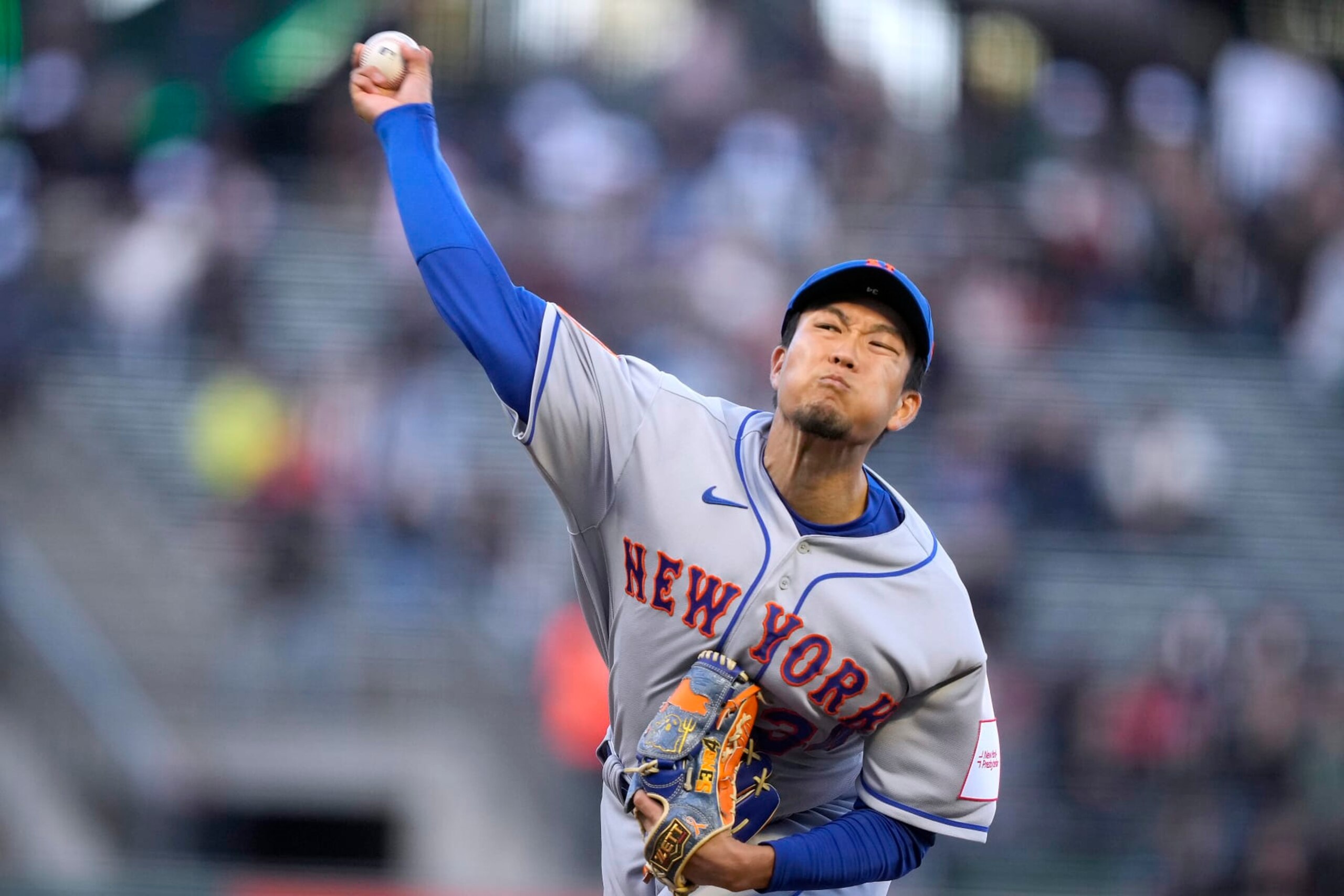 New York Mets pitcher Kodai Senga throws to a San Francisco Giants batter during the first inning of a baseball game in San Francisco, Thursday, April 20, 2023. (AP Photo/Tony Avelar)