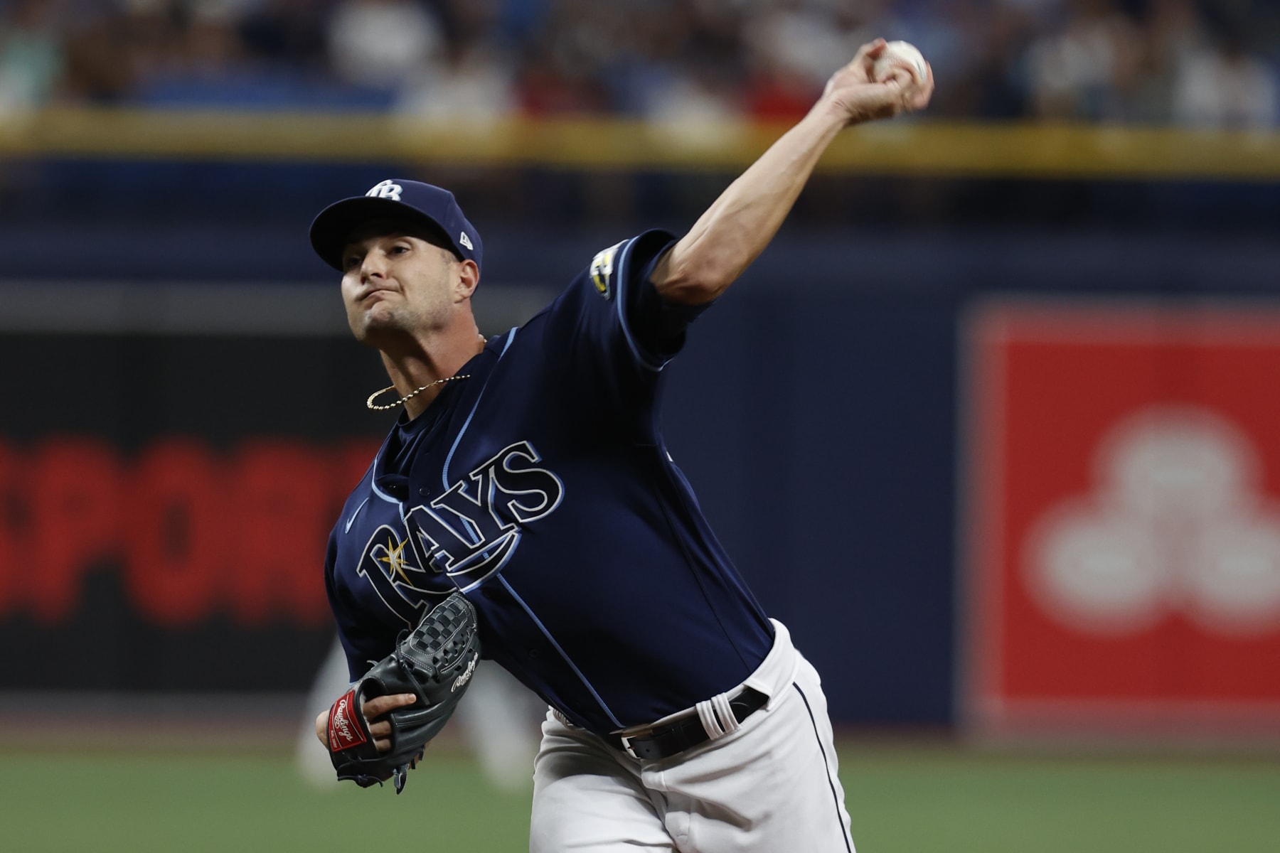 Tampa Bay Rays starting pitcher Shane McClanahan throws to a Boston Red Sox batter during the first inning of a baseball game Tuesday, April 11, 2023, in St. Petersburg, Fla. (AP Photo/Scott Audette)
