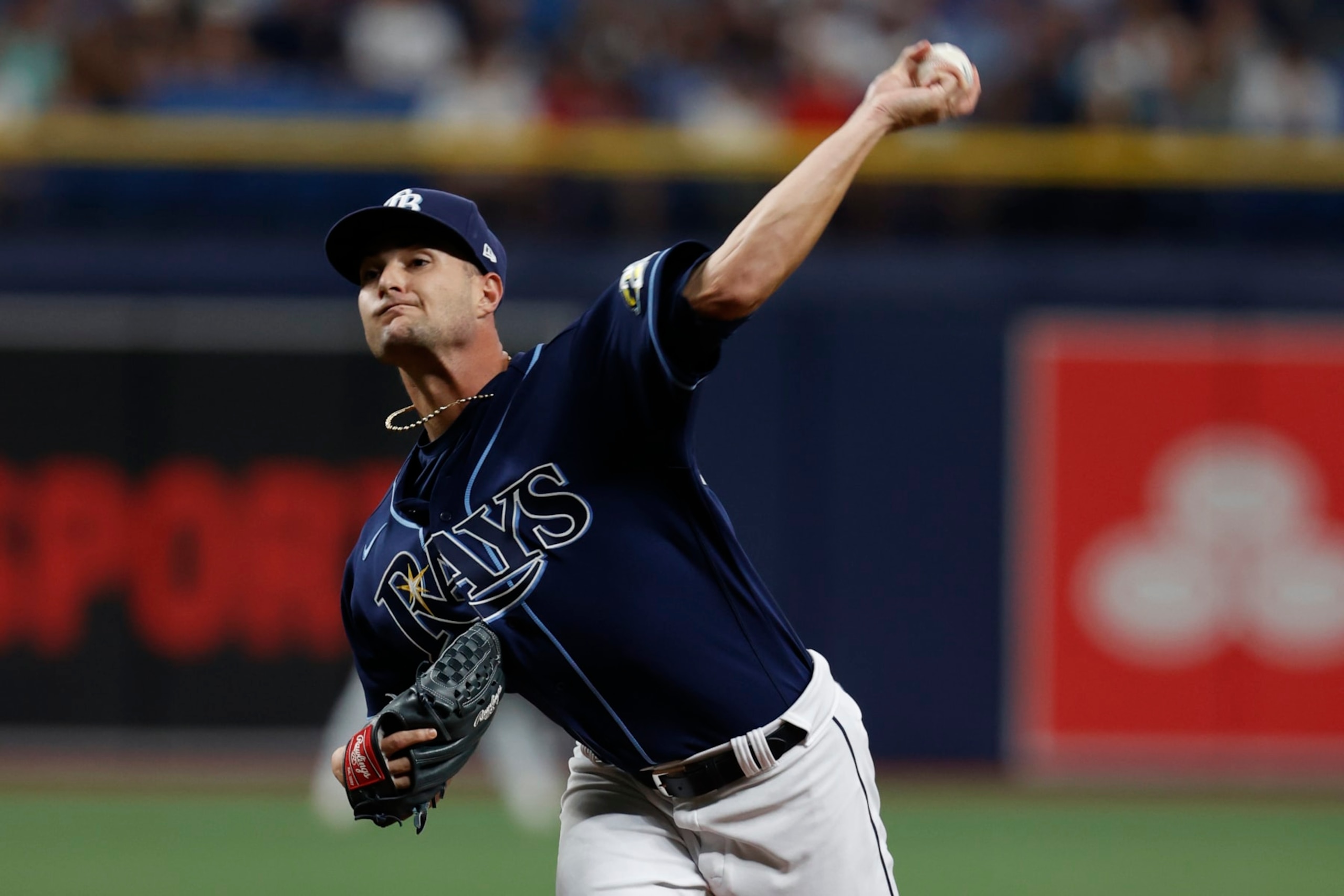 Tampa Bay Rays starting pitcher Shane McClanahan throws to a Boston Red Sox batter during the first inning of a baseball game Tuesday, April 11, 2023, in St. Petersburg, Fla. (AP Photo/Scott Audette)