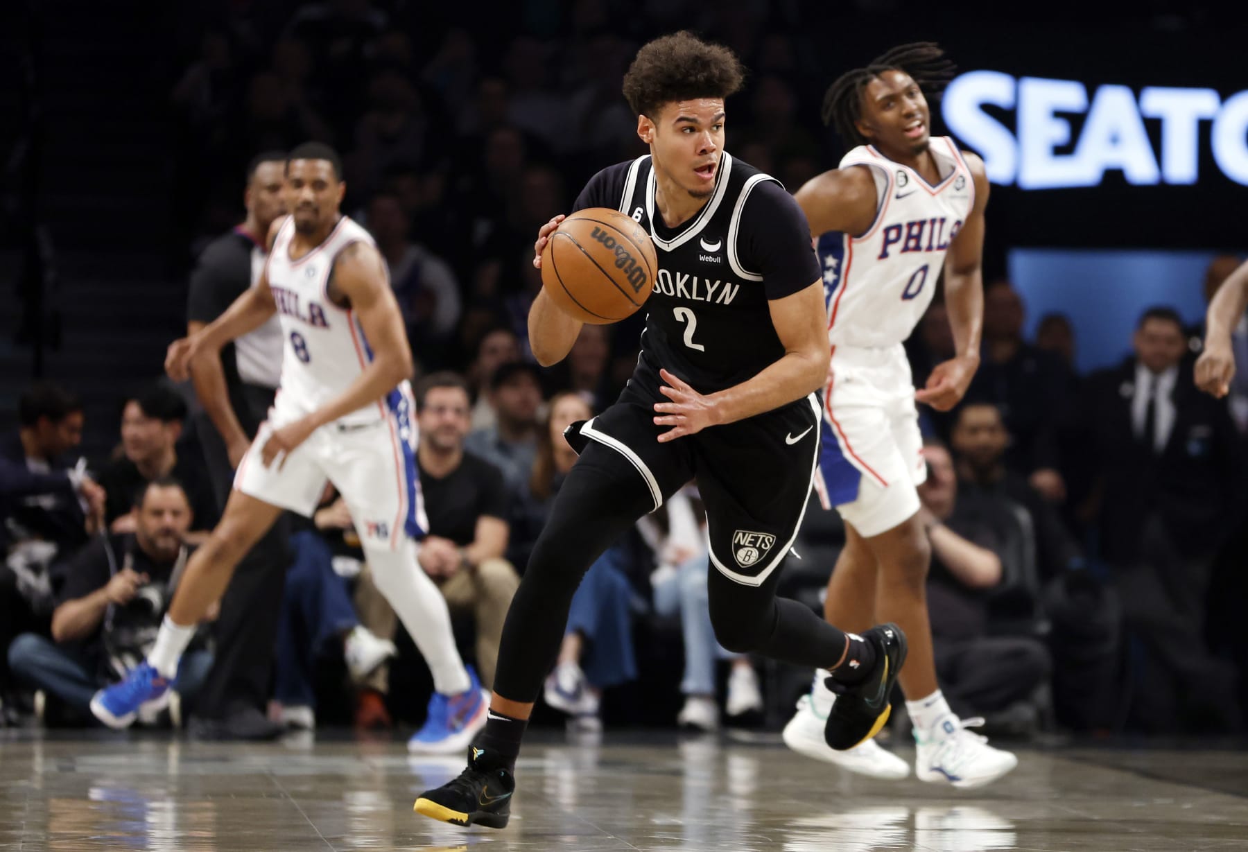 NEW YORK, NEW YORK - APRIL 22: Cameron Johnson #2 of the Brooklyn Nets dribbles against the Philadelphia 76ers during the first half of Game Four of the Eastern Conference First Round Playoffs at Barclays Center on April 22, 2023 in the Brooklyn borough of New York City. NOTE TO USER: User expressly acknowledges and agrees that, by downloading and or using this photograph, User is consenting to the terms and conditions of the Getty Images License Agreement. (Photo by Sarah Stier/Getty Images)
