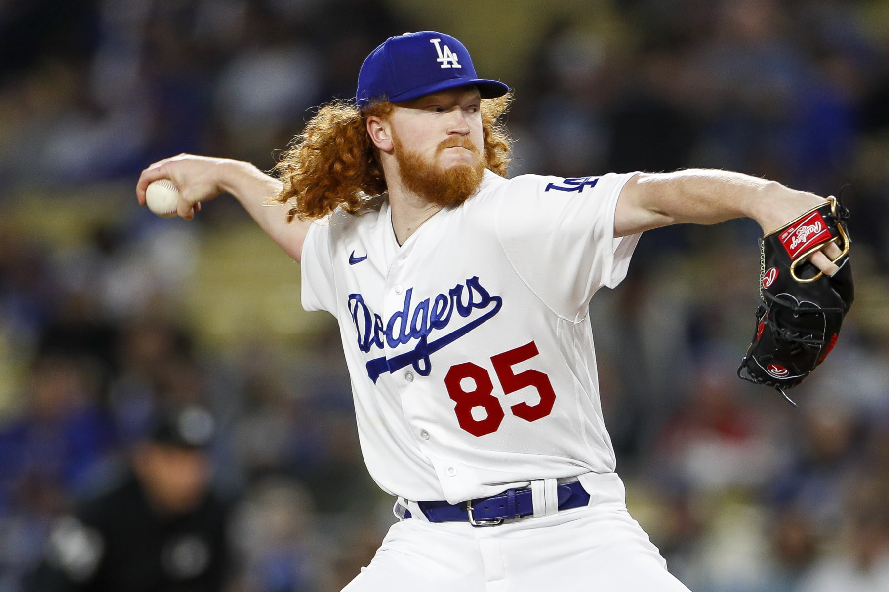 LOS ANGELES, CA - MARCH 31: Los Angeles Dodgers starting pitcher Dustin May (85) throws to the plate during a regular season game between the Arizona Diamondbacks and Los Angeles Dodgers on March 31, 2023, at Dodger Stadium in Los Angeles, CA. (Photo by Brandon Sloter/Icon Sportswire via Getty Images)