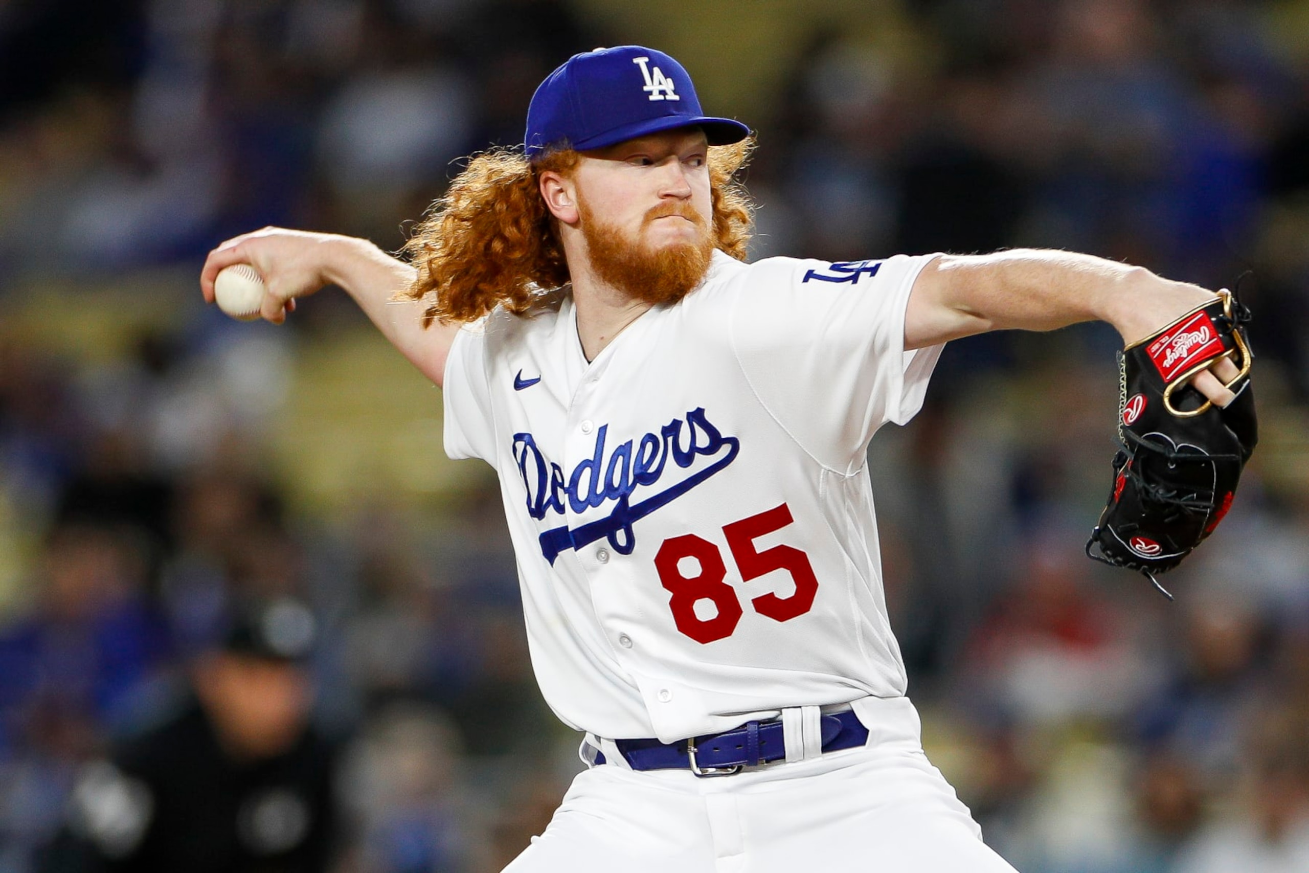 LOS ANGELES, CA - MARCH 31: Los Angeles Dodgers starting pitcher Dustin May (85) throws to the plate during a regular season game between the Arizona Diamondbacks and Los Angeles Dodgers on March 31, 2023, at Dodger Stadium in Los Angeles, CA. (Photo by Brandon Sloter/Icon Sportswire via Getty Images)