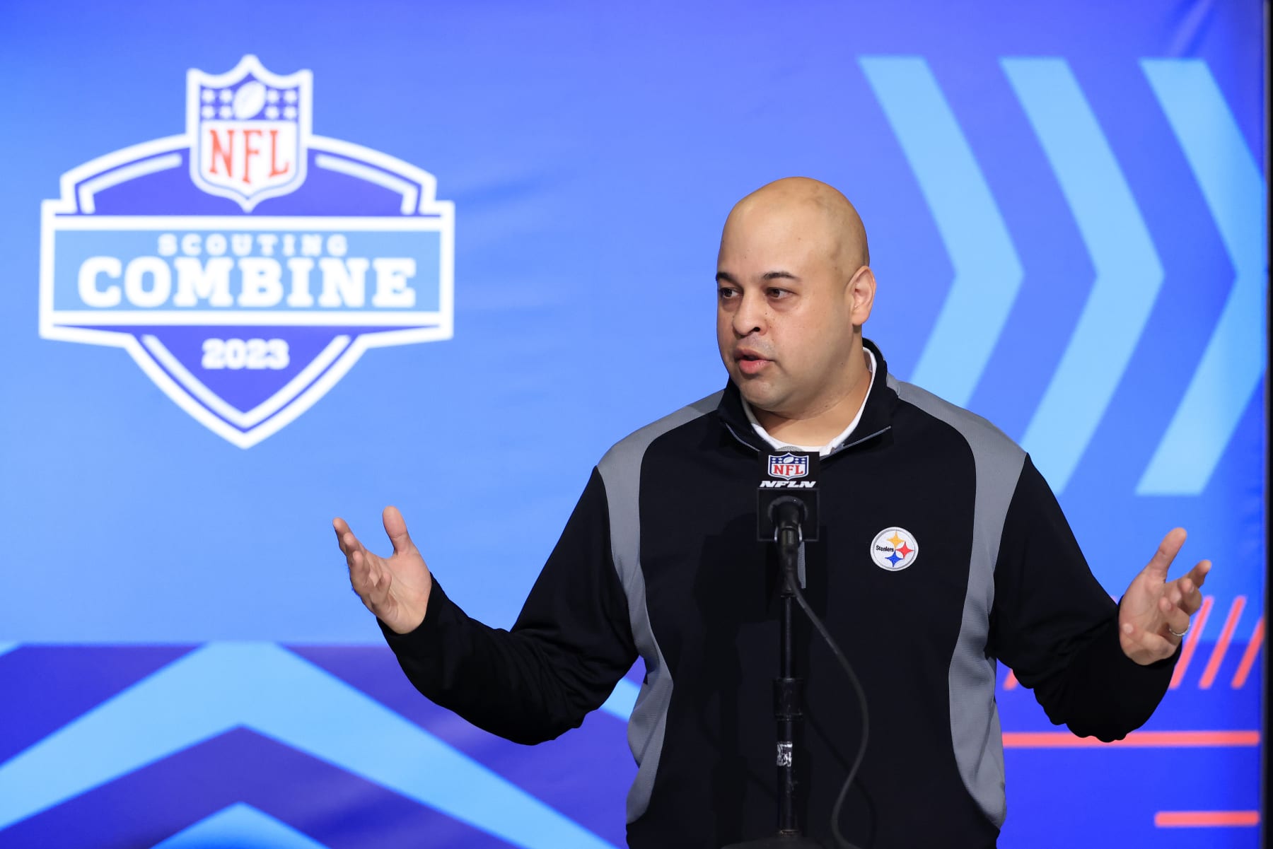 INDIANAPOLIS, INDIANA - FEBRUARY 28: General Manager Omar Khan of the Pittsburgh Steelers speaks to the media during the NFL Combine at Lucas Oil Stadium on February 28, 2023 in Indianapolis, Indiana. (Photo by Justin Casterline/Getty Images)