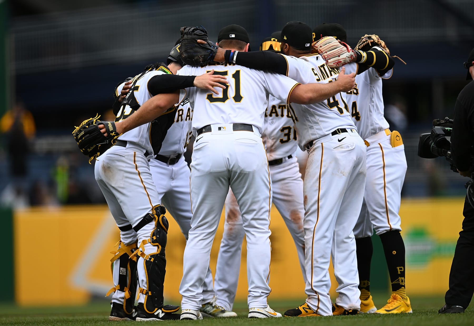 PITTSBURGH, PA - APRIL 23:  David Bednar #51 of the Pittsburgh Pirates celebrates with teammates after a 2-0 win over the Cincinnati Reds at PNC Park on April 23, 2023 in Pittsburgh, Pennsylvania. (Photo by Joe Sargent/Getty Images)
