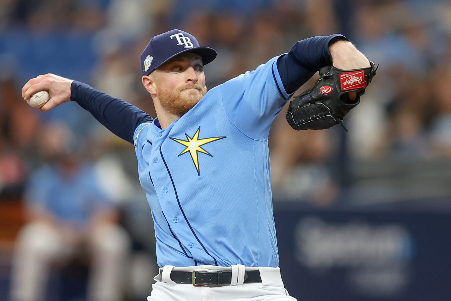 ST. PETERSBURG, FL - APRIL 9: Drew Rasmussen #57 of the Tampa Bay Rays throws against the Oakland Athletics during a baseball game at Tropicana Field on April 9, 2023 in St. Petersburg, Florida. (Photo by Mike Carlson/Getty Images)